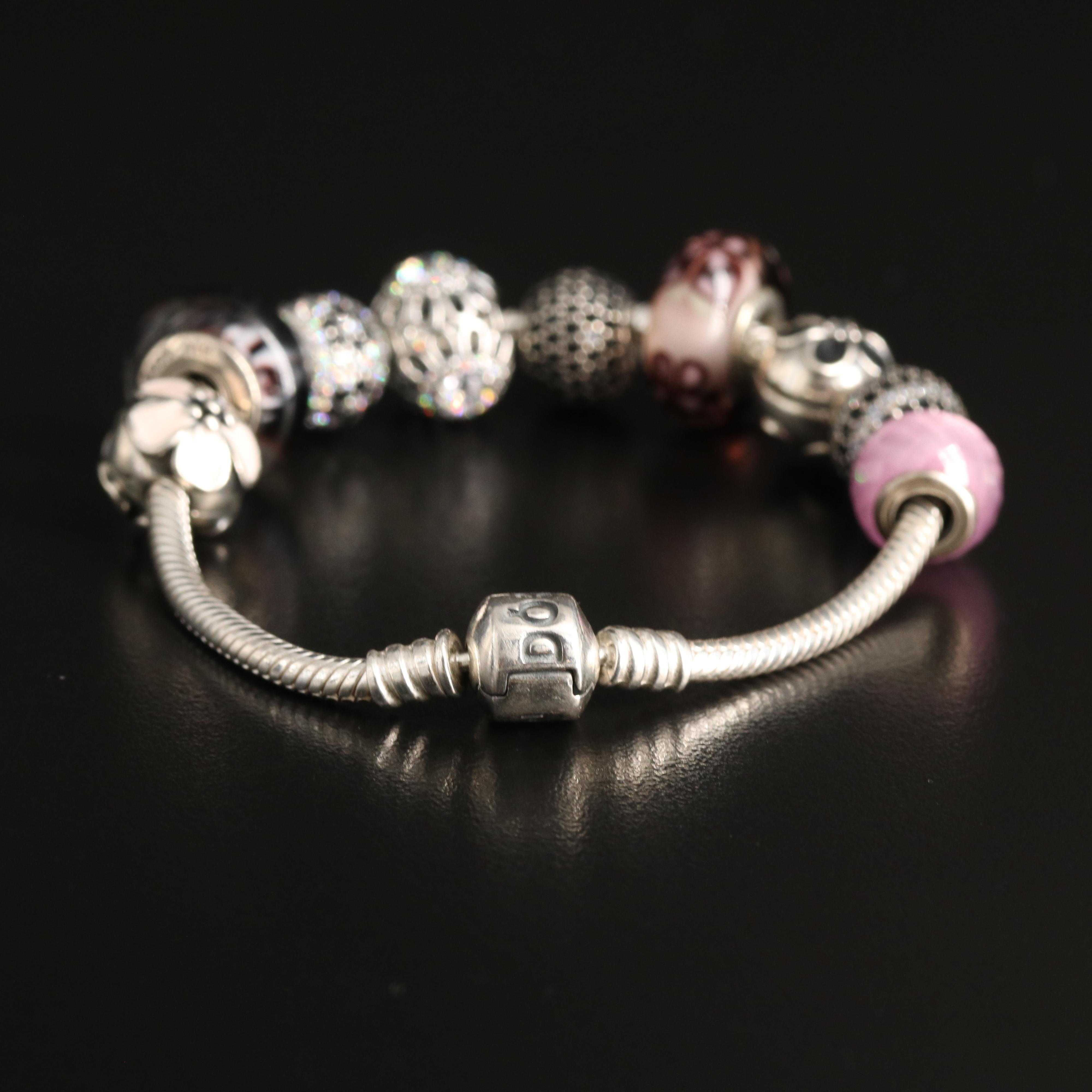 Pandora Sterling Floral Themed Charm Bracelet