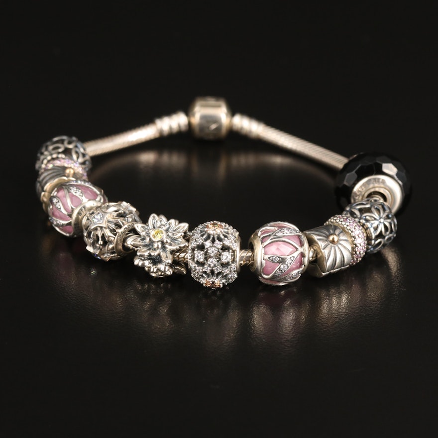 Pandora Sterling Charm Bracelet Featuring Floral Themed Charms