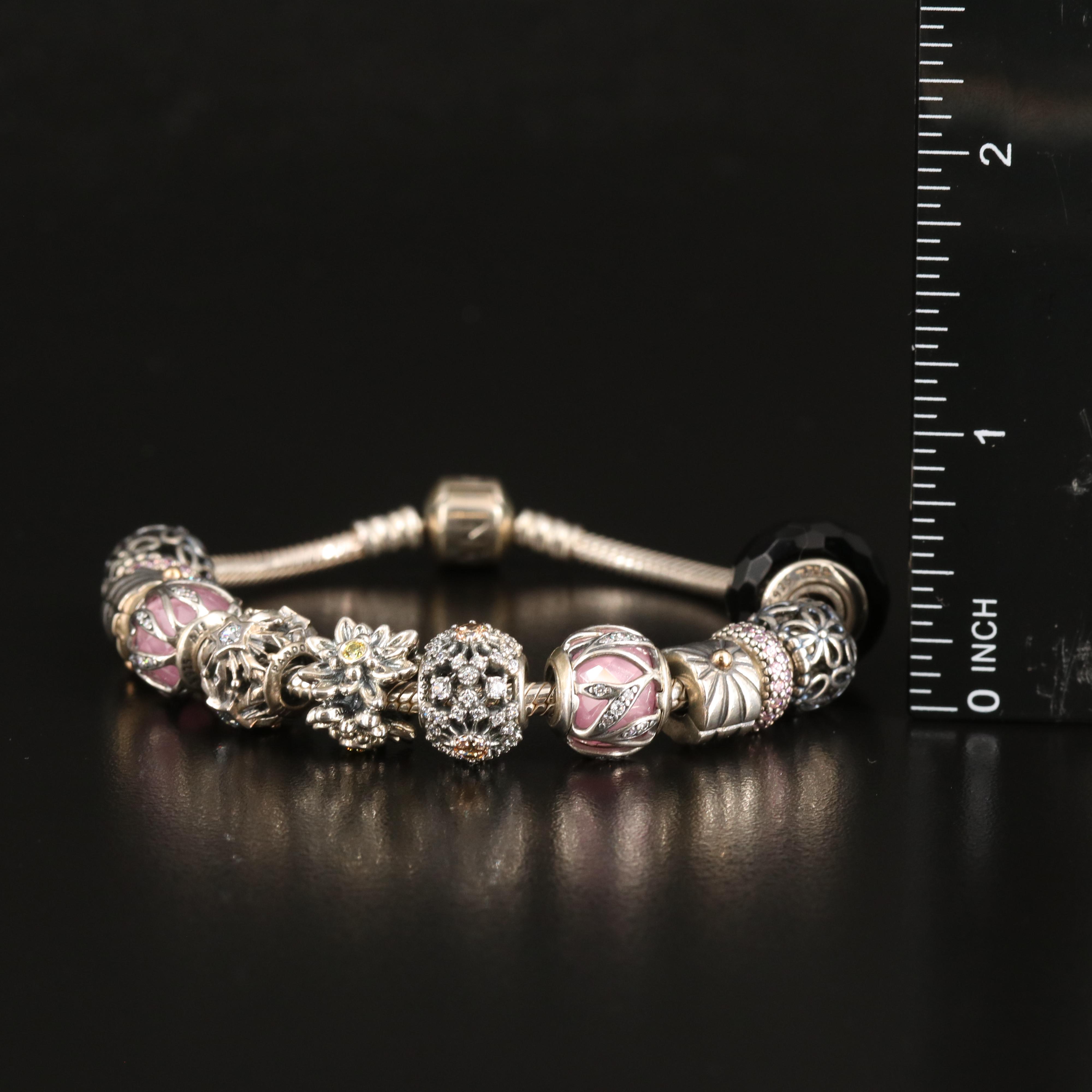 Pandora Sterling Charm Bracelet Featuring Floral Themed Charms