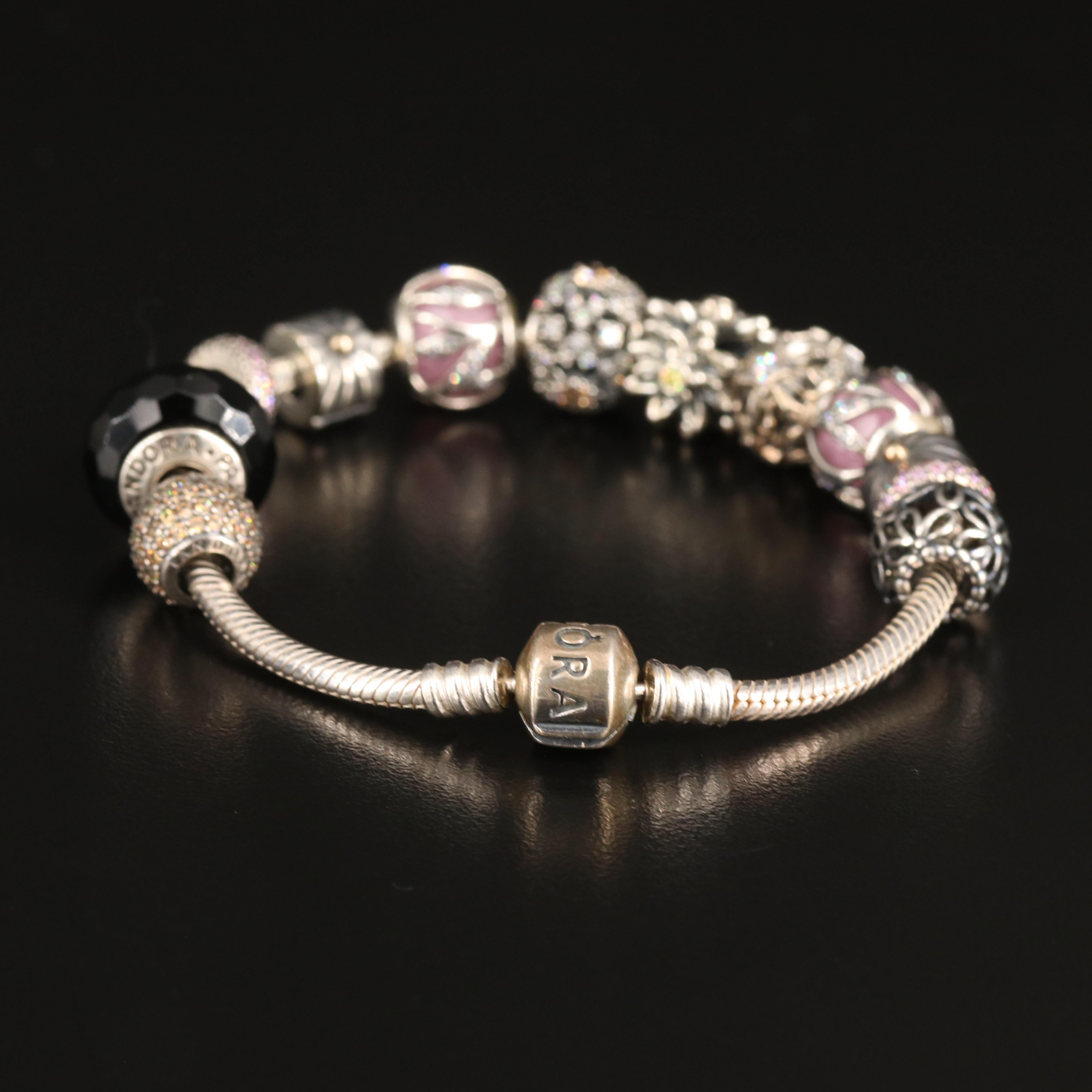 Pandora Sterling Charm Bracelet Featuring Floral Themed Charms