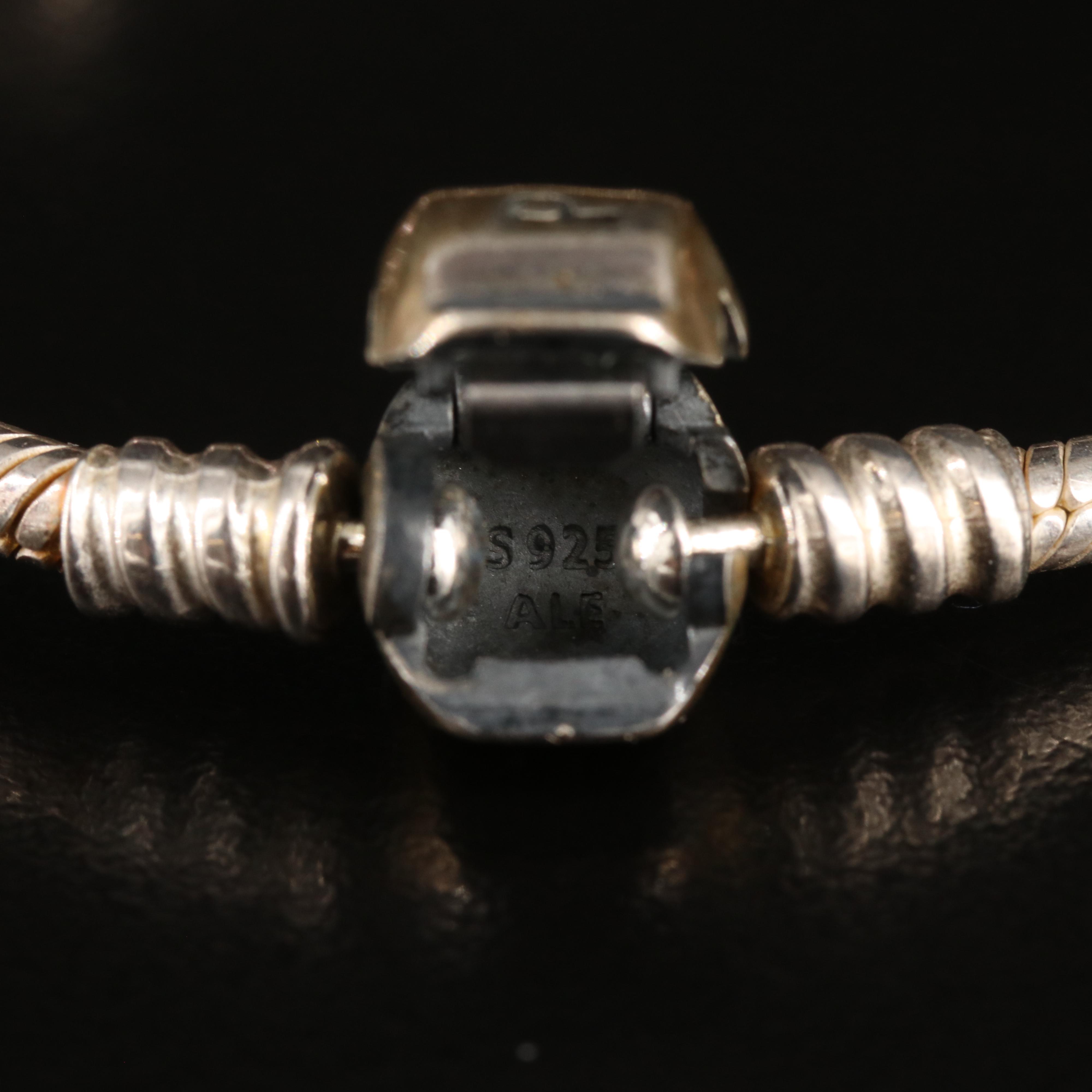 Pandora Sterling Charm Bracelet Featuring Floral Themed Charms