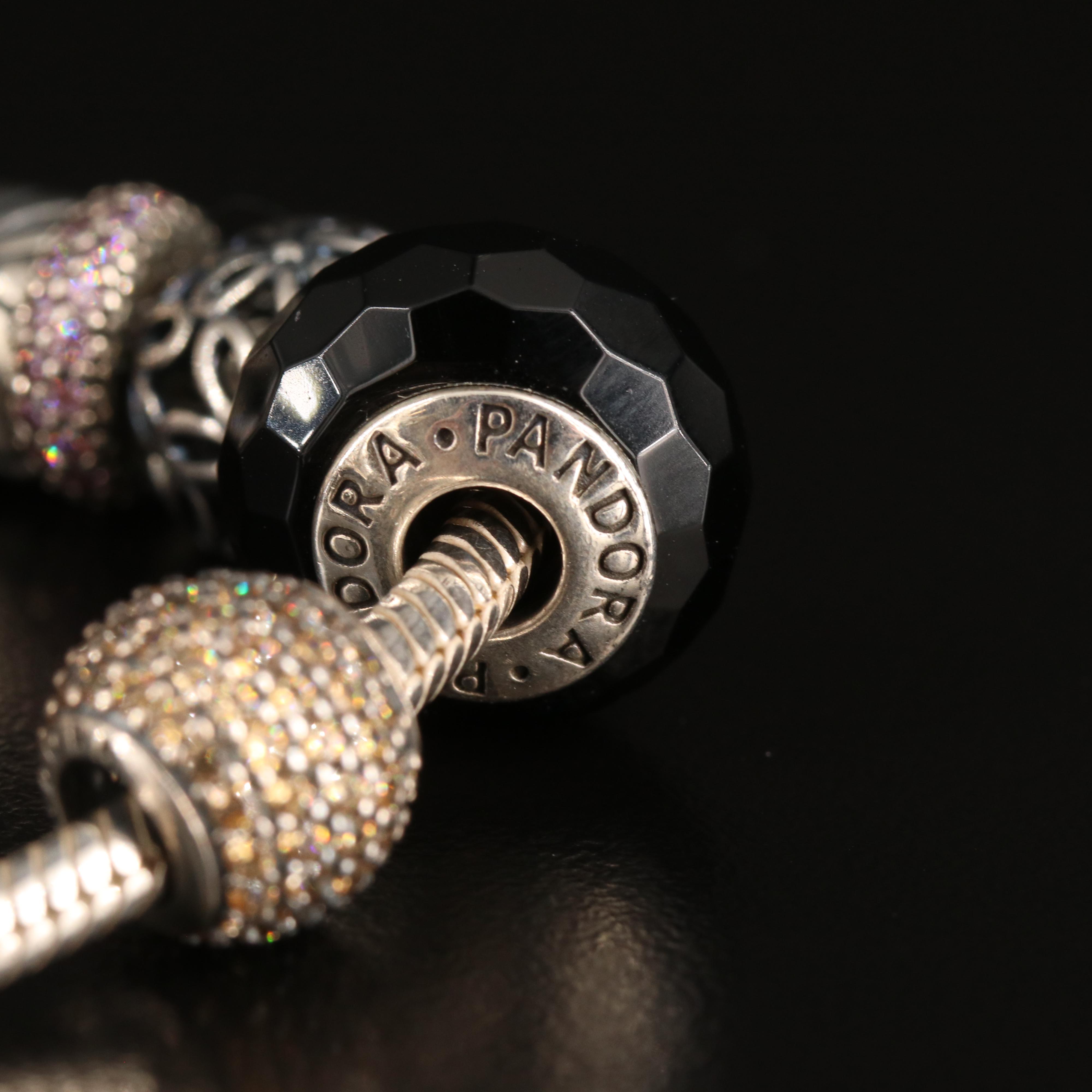 Pandora Sterling Charm Bracelet Featuring Floral Themed Charms