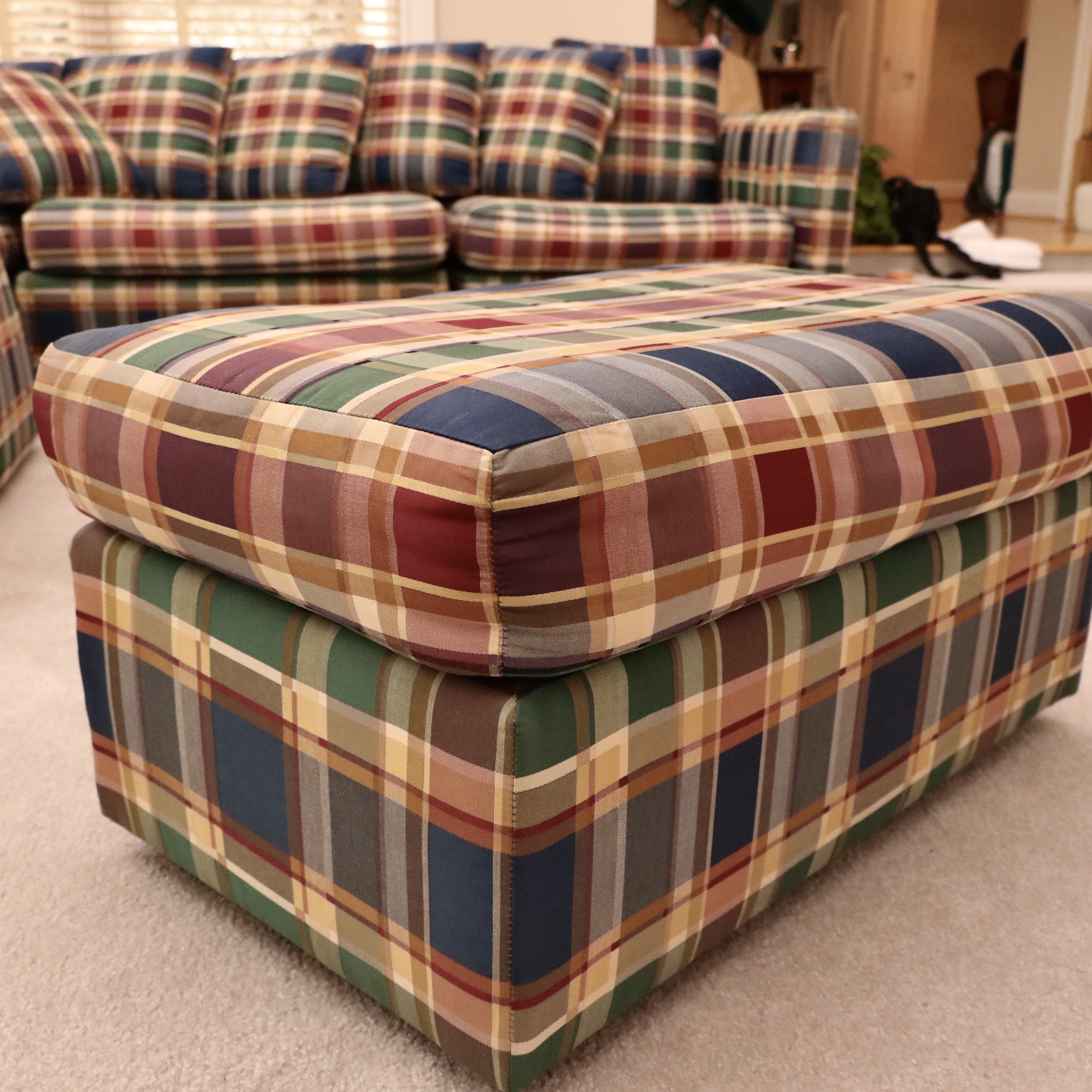 Drexel Heritage Mid Century Modern Wood-Encased Plaid Sectional Sofa