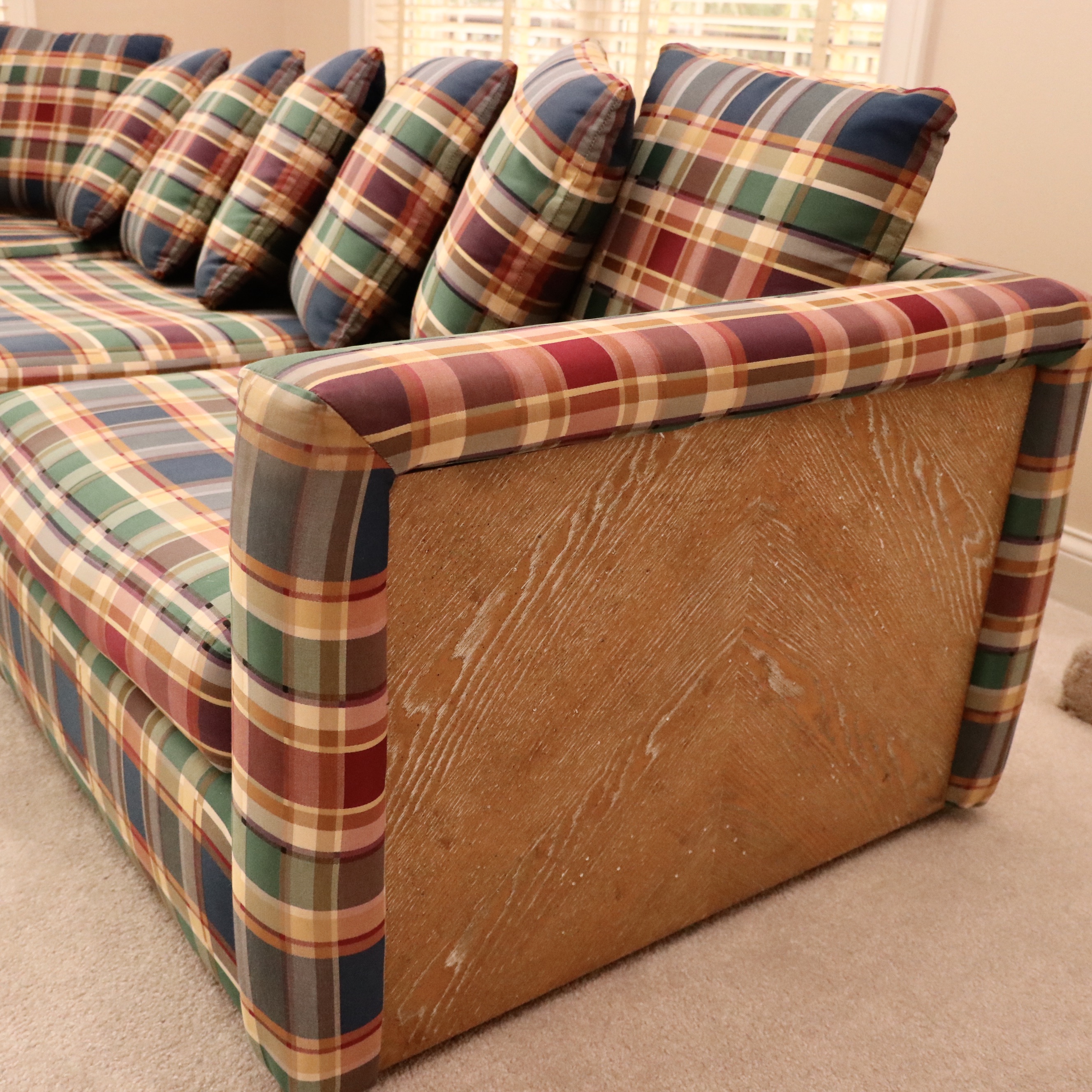 Drexel Heritage Mid Century Modern Wood-Encased Plaid Sectional Sofa