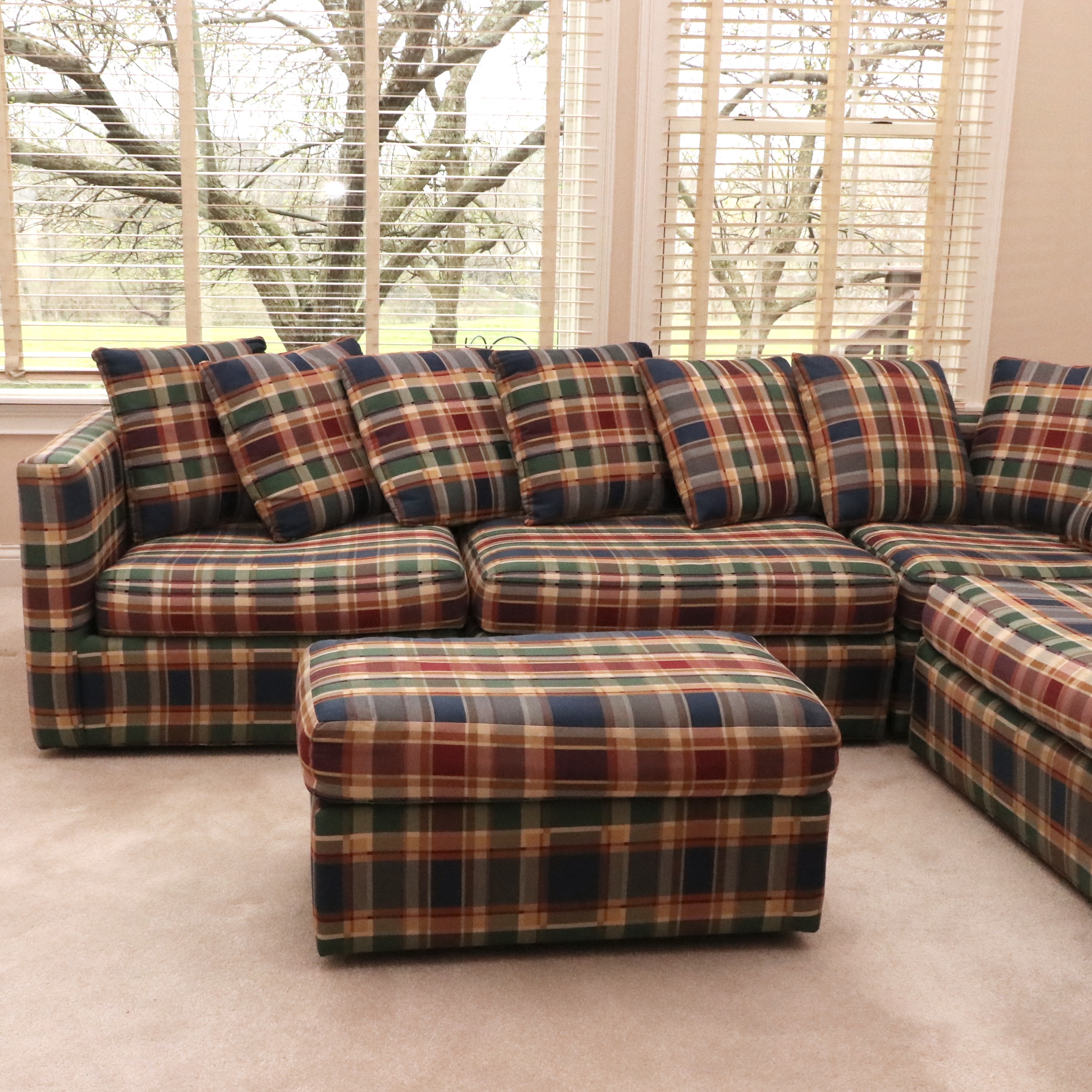 Drexel Heritage Mid Century Modern Wood-Encased Plaid Sectional Sofa