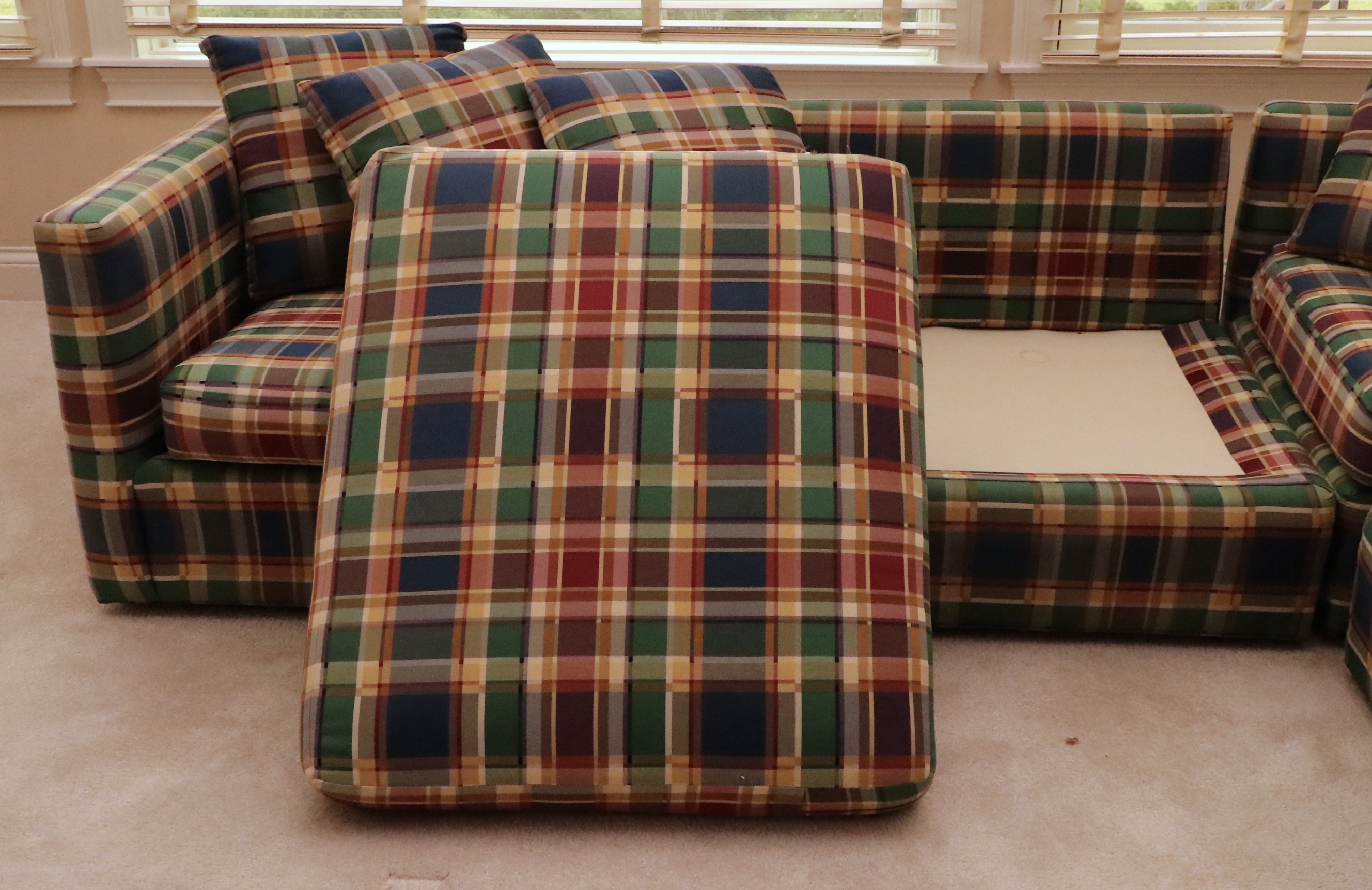 Drexel Heritage Mid Century Modern Wood-Encased Plaid Sectional Sofa