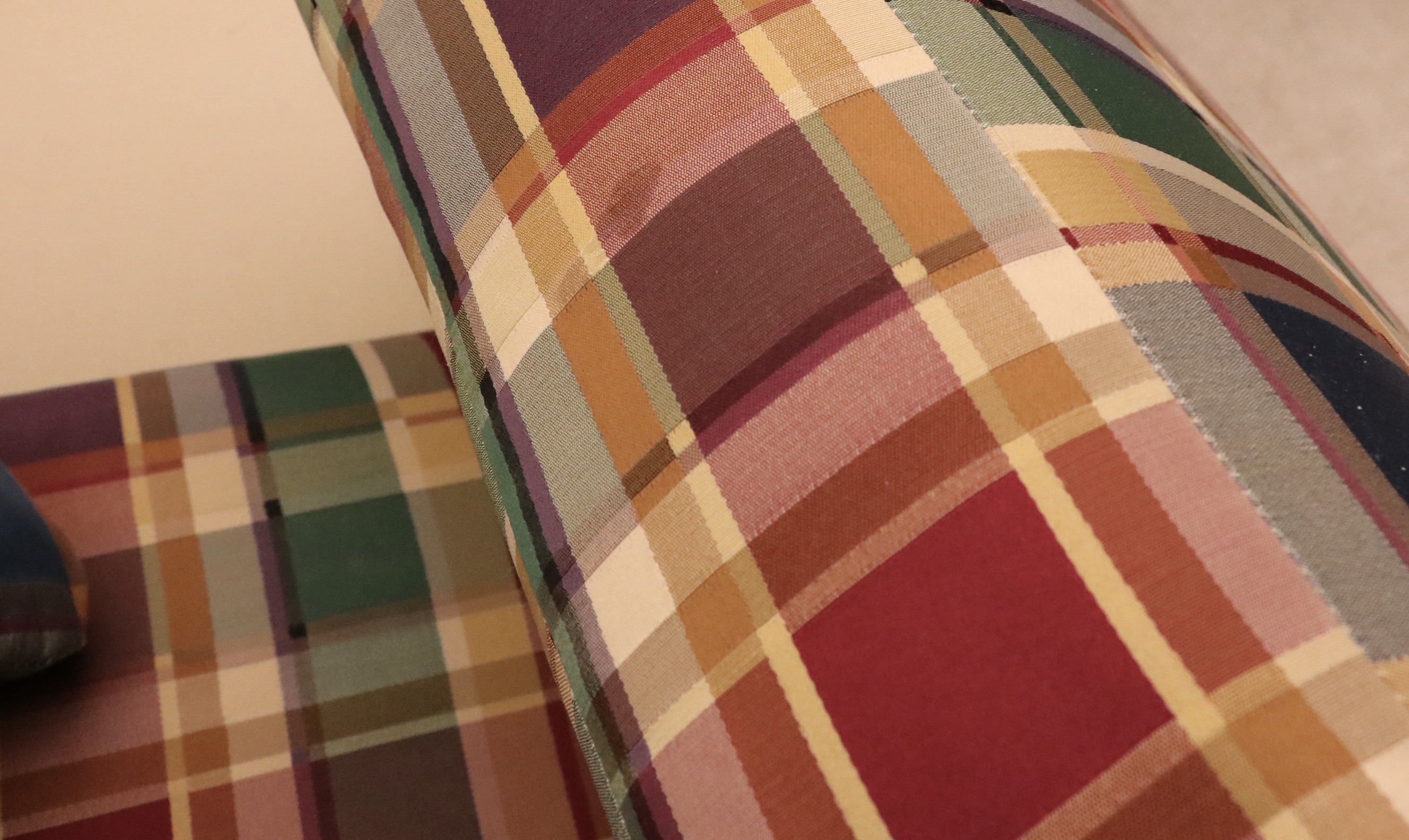 Drexel Heritage Mid Century Modern Wood-Encased Plaid Sectional Sofa