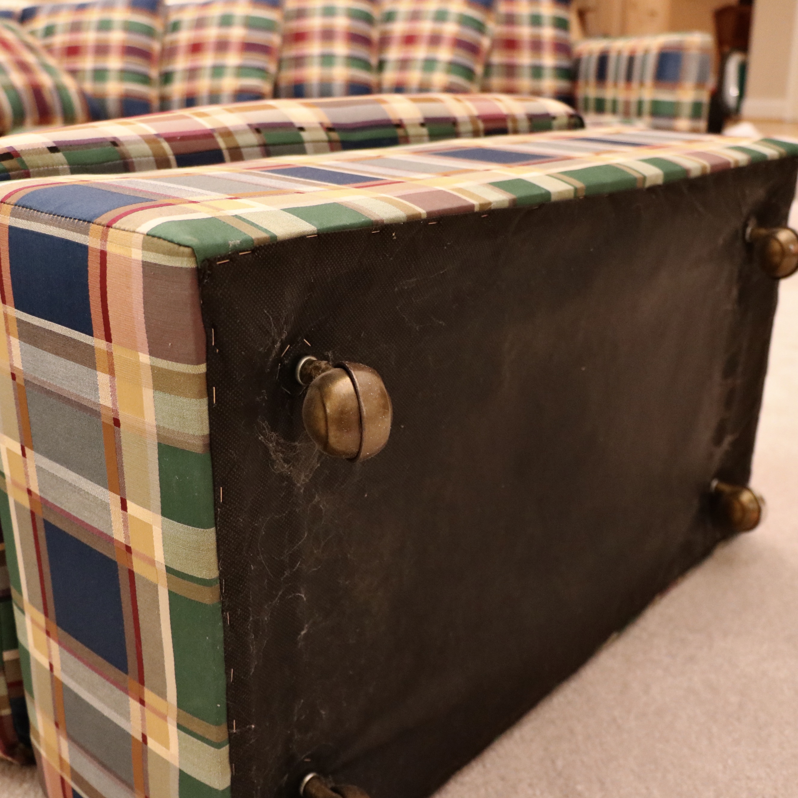 Drexel Heritage Mid Century Modern Wood-Encased Plaid Sectional Sofa