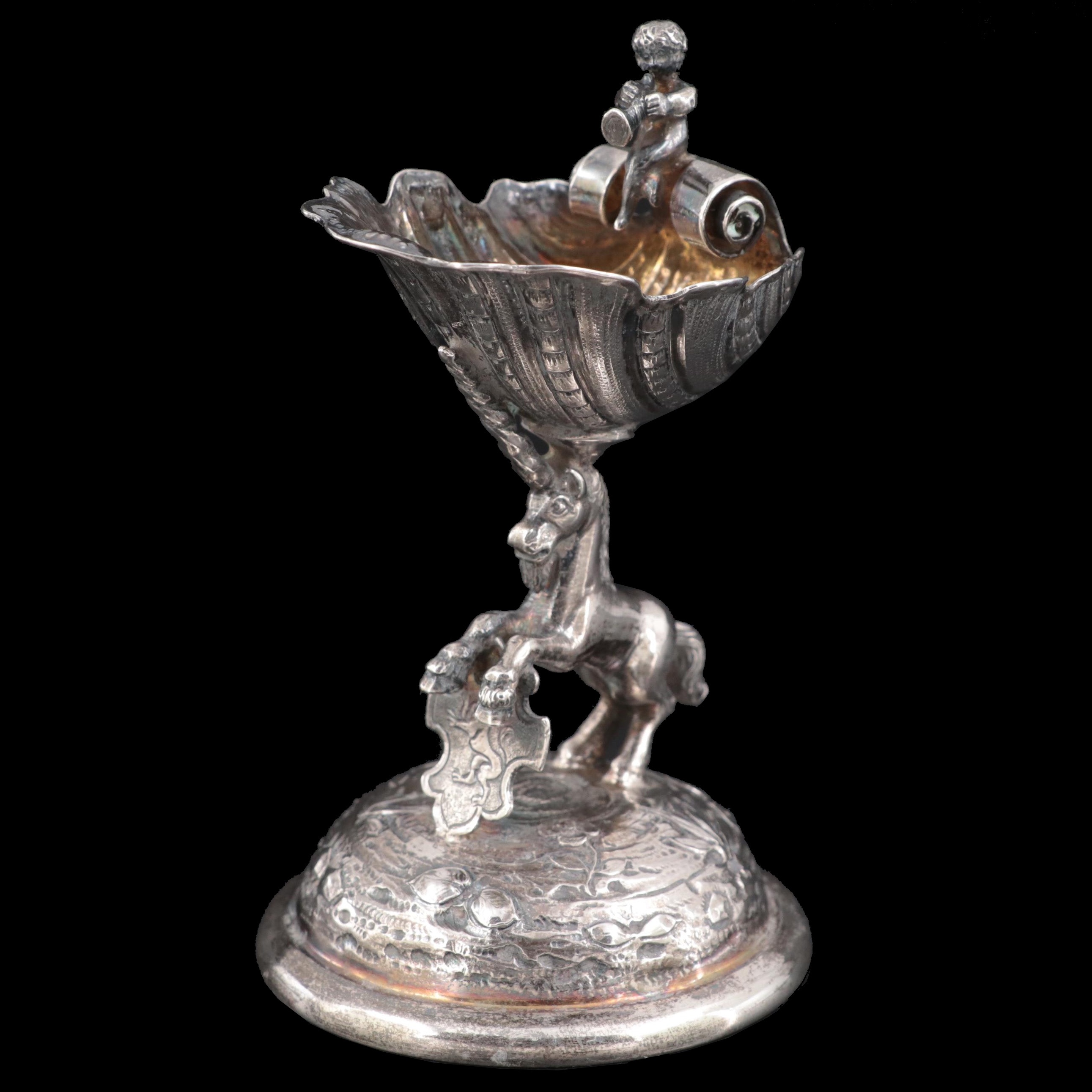 Baroque Revival Unicorn and Shell Bowl Sterling Silver Salt Cellar