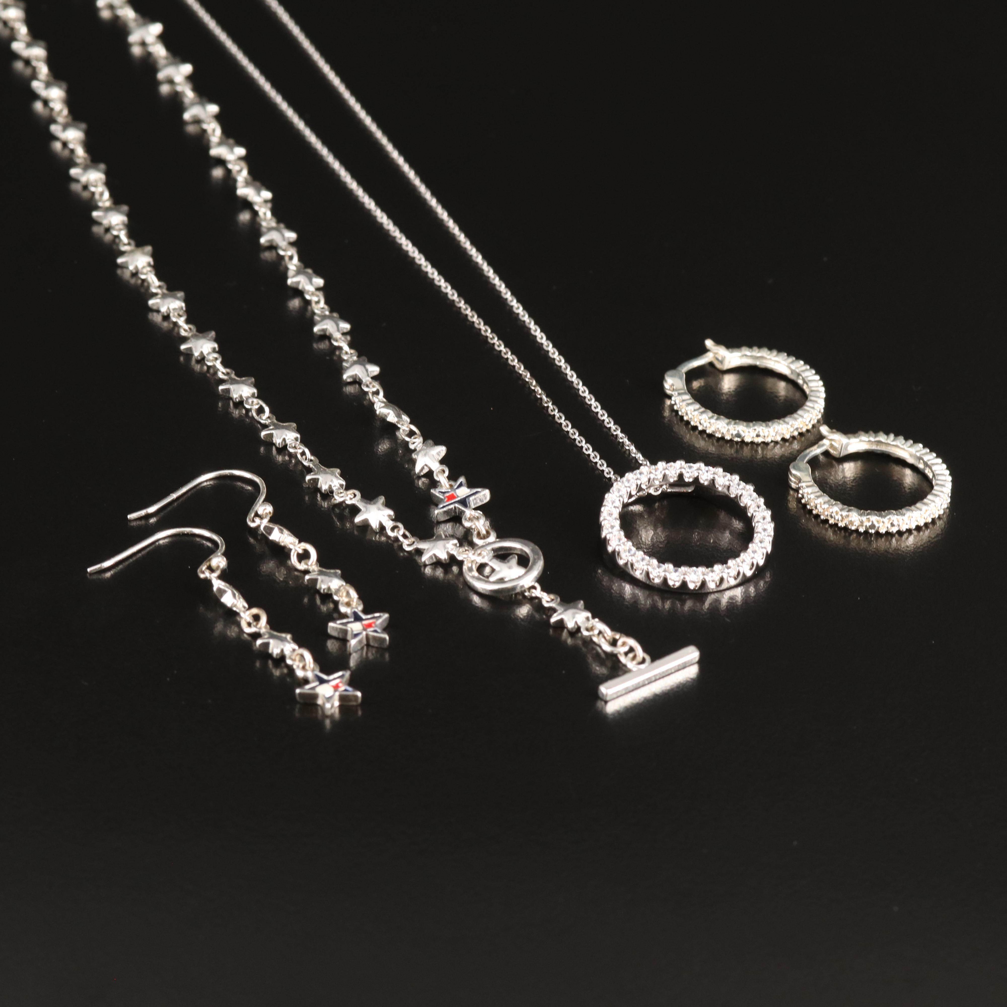 Sterling Circle Necklace and Hoop Earrings with Star Necklace and Earring Set