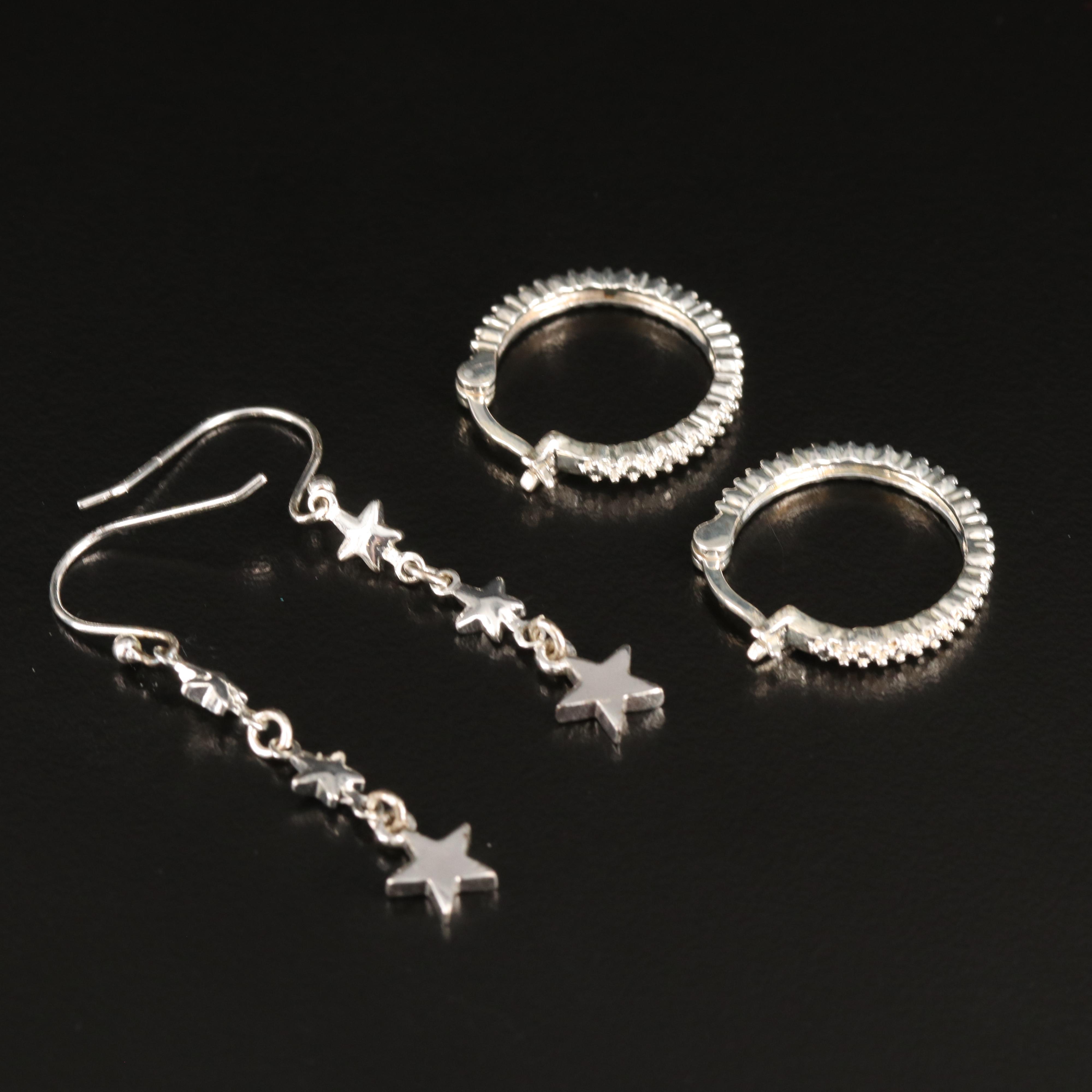 Sterling Circle Necklace and Hoop Earrings with Star Necklace and Earring Set