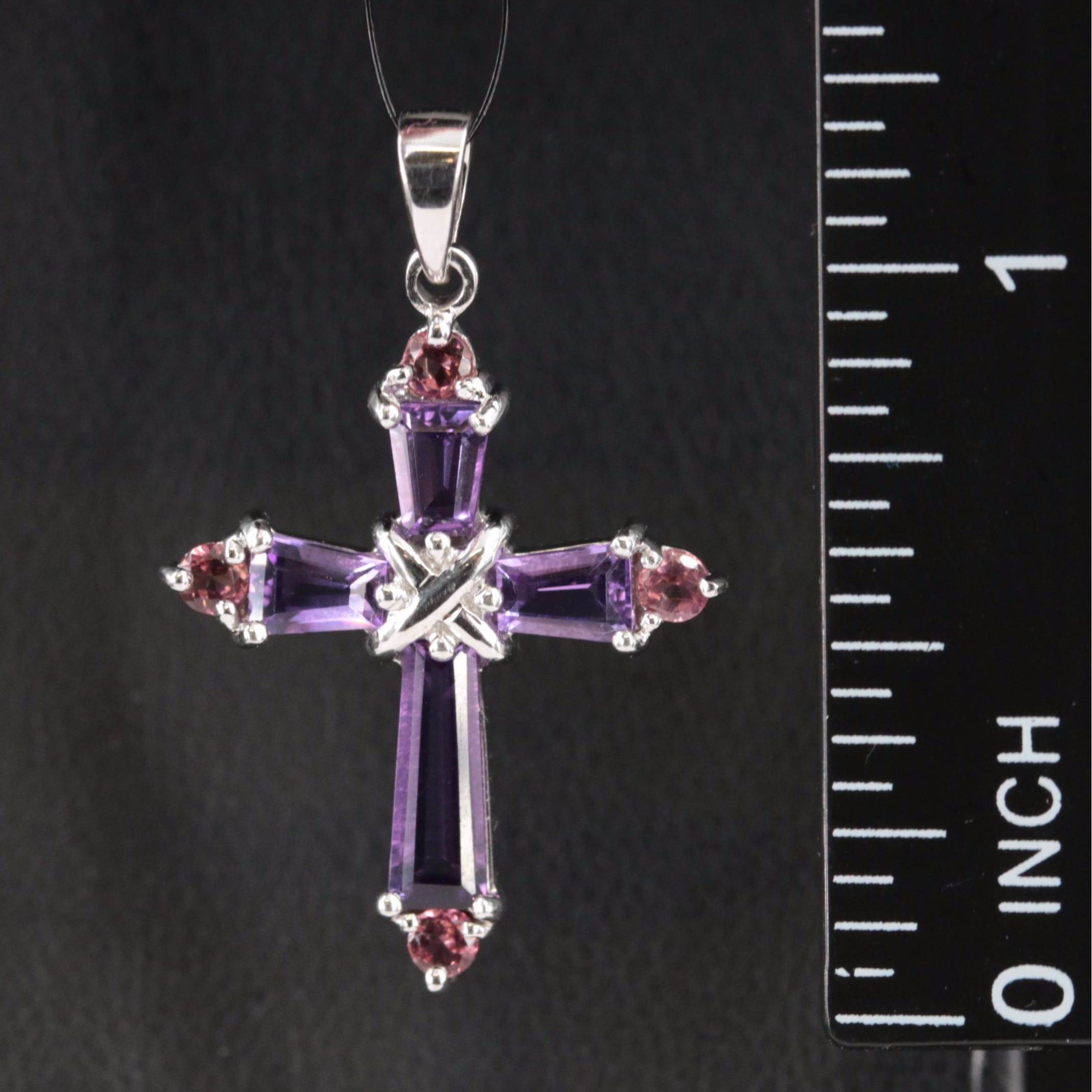 10K Amethyst and Garnet Cross Pendant and 14K Inlay J Hoop Earrings