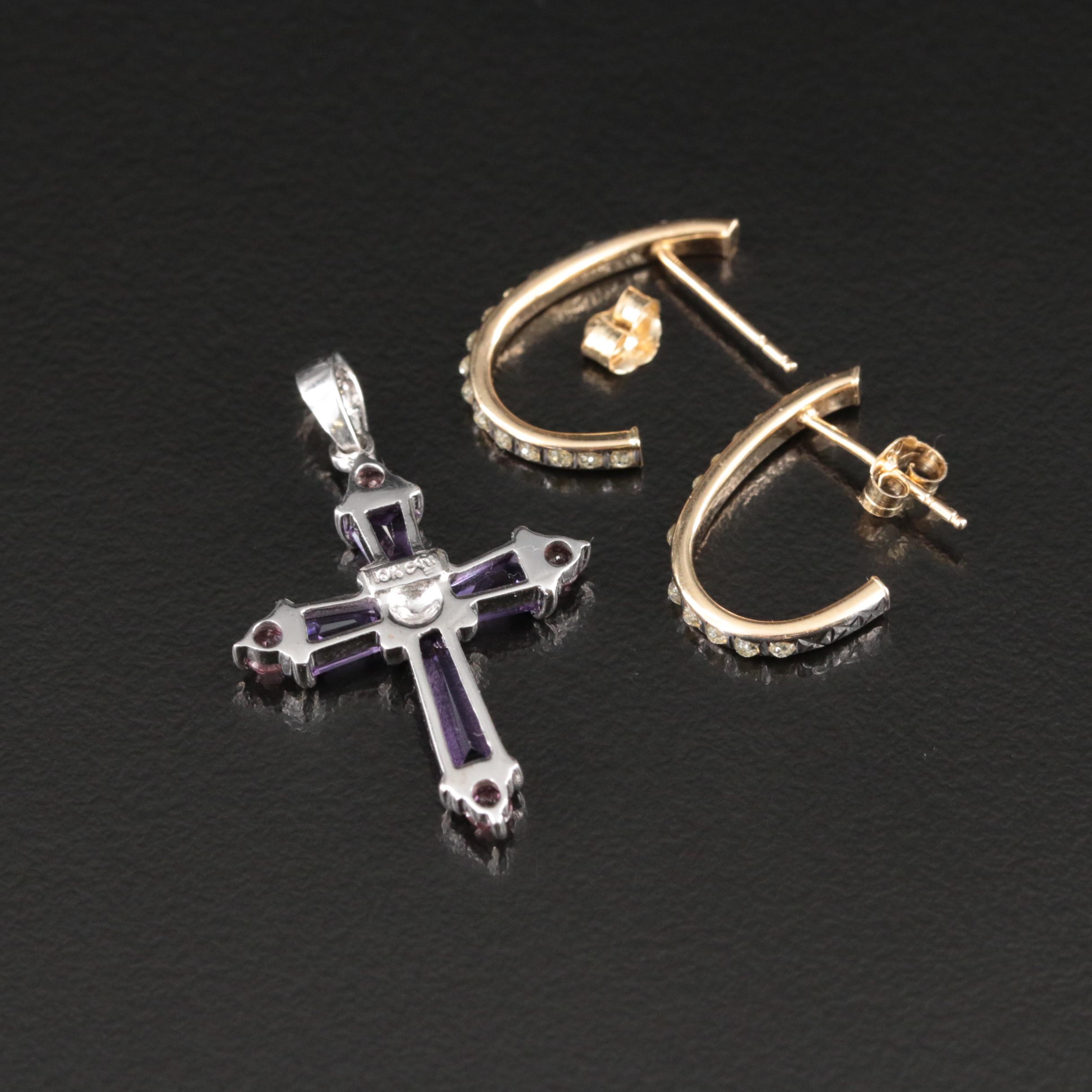 10K Amethyst and Garnet Cross Pendant and 14K Inlay J Hoop Earrings