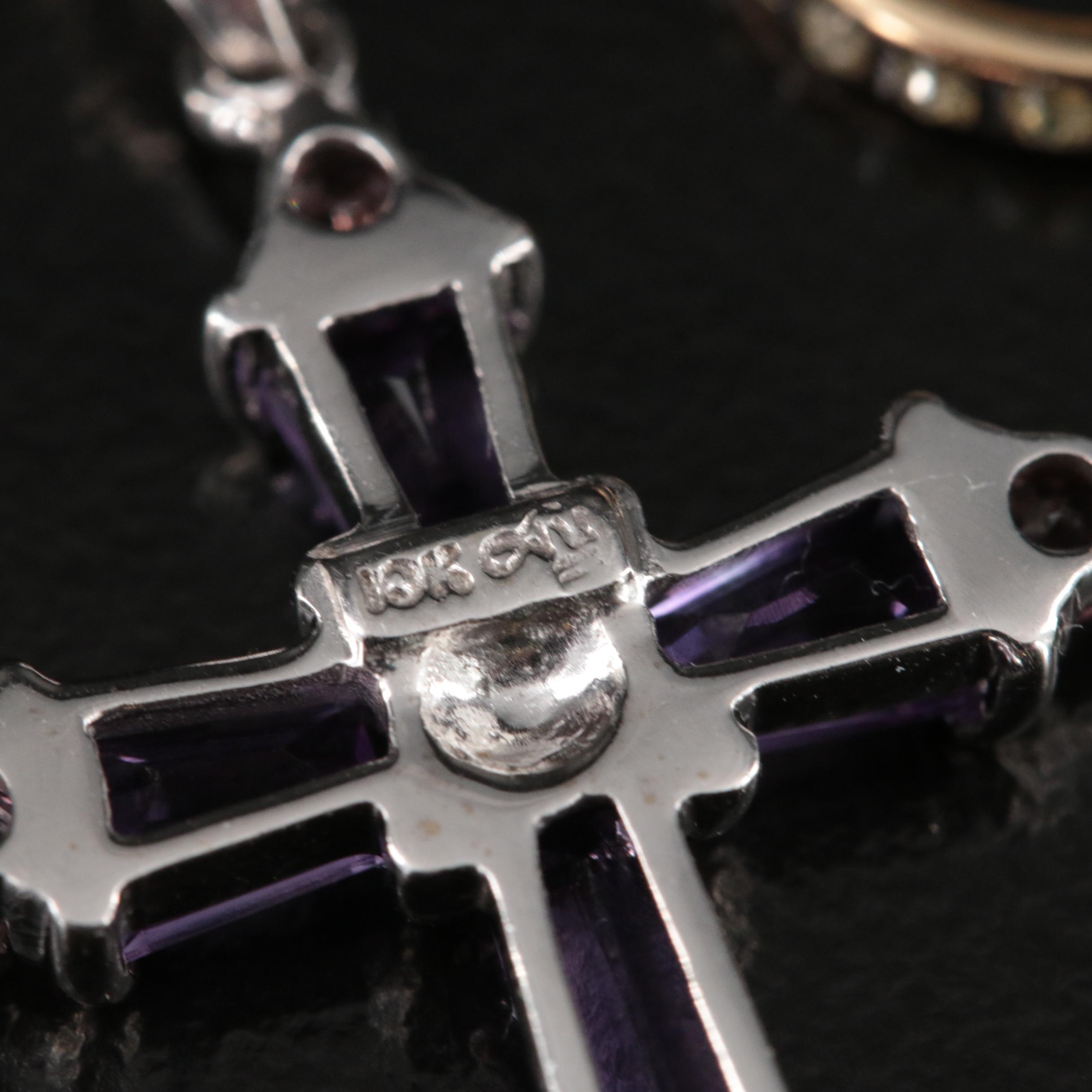 10K Amethyst and Garnet Cross Pendant and 14K Inlay J Hoop Earrings