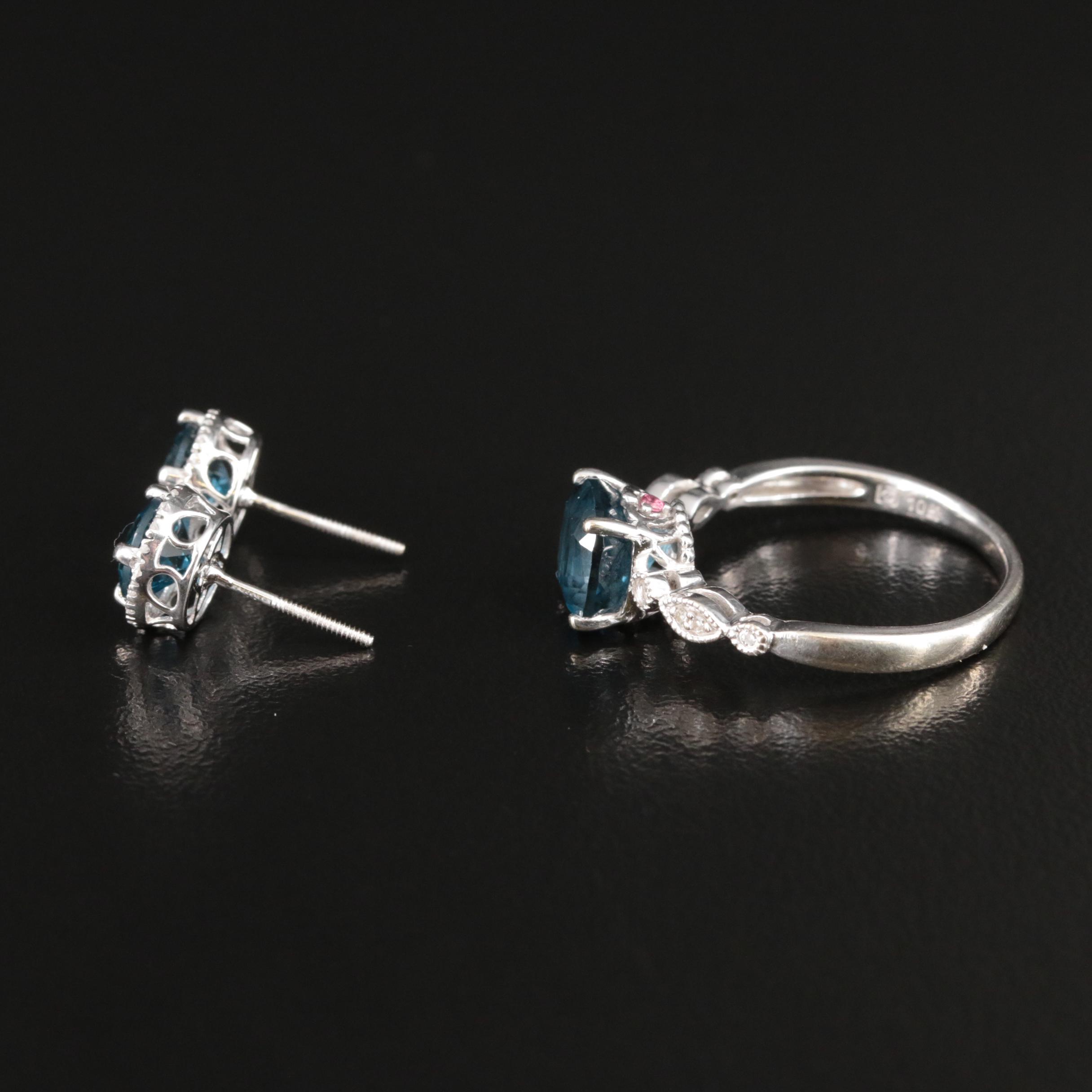 10K London Blue Topaz and Diamond Ring and Earrings