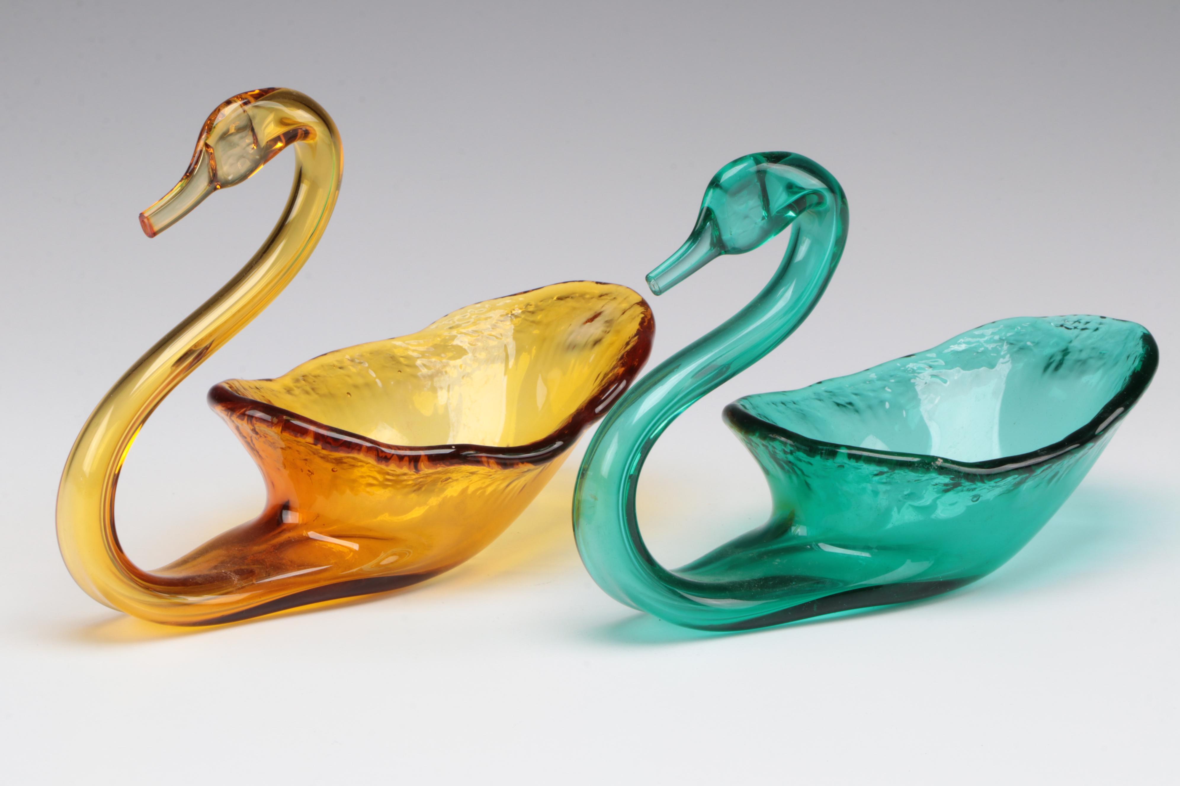 Art Glass Handkerchief Bowl and Swan Bowls with More Art Glass