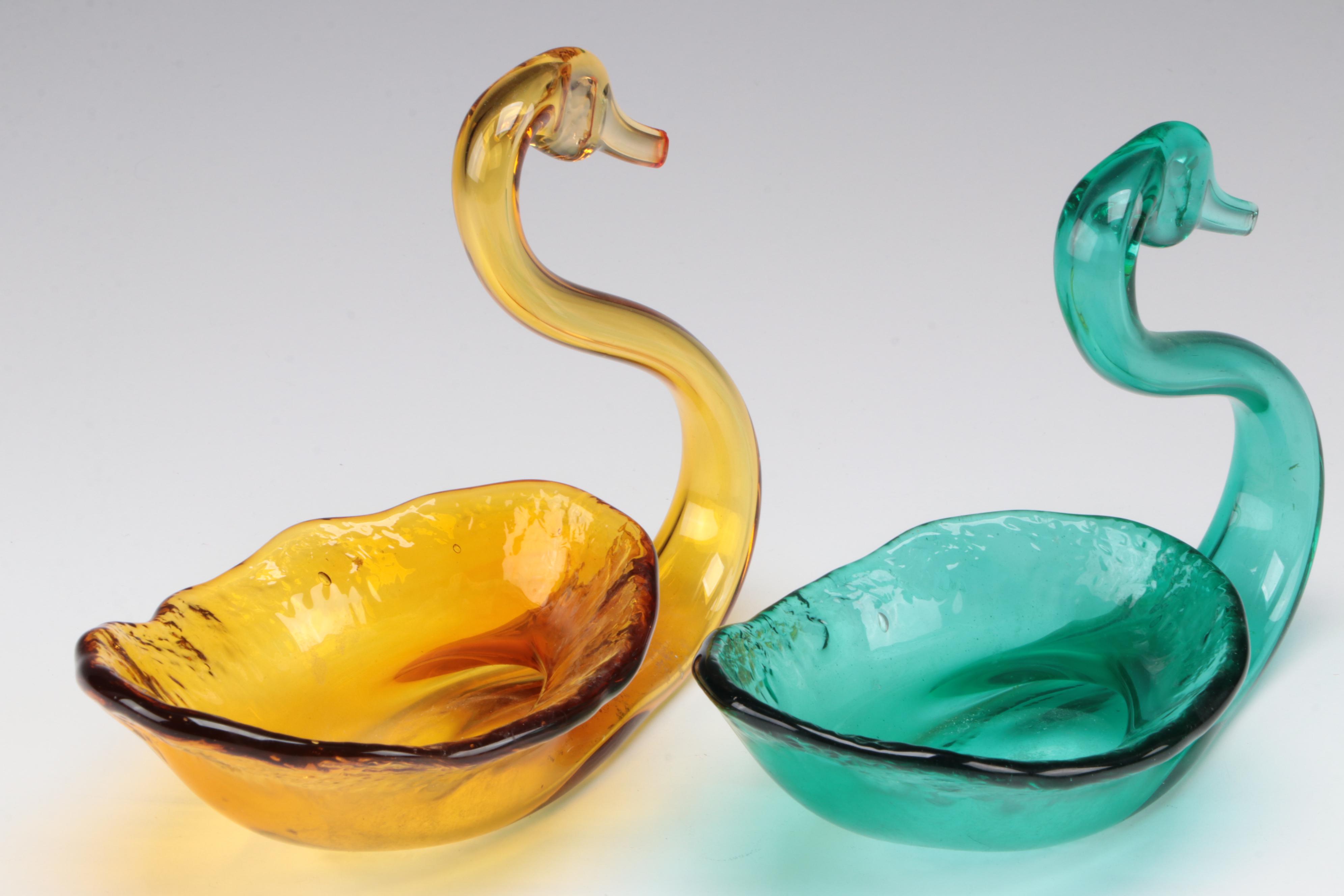 Art Glass Handkerchief Bowl and Swan Bowls with More Art Glass