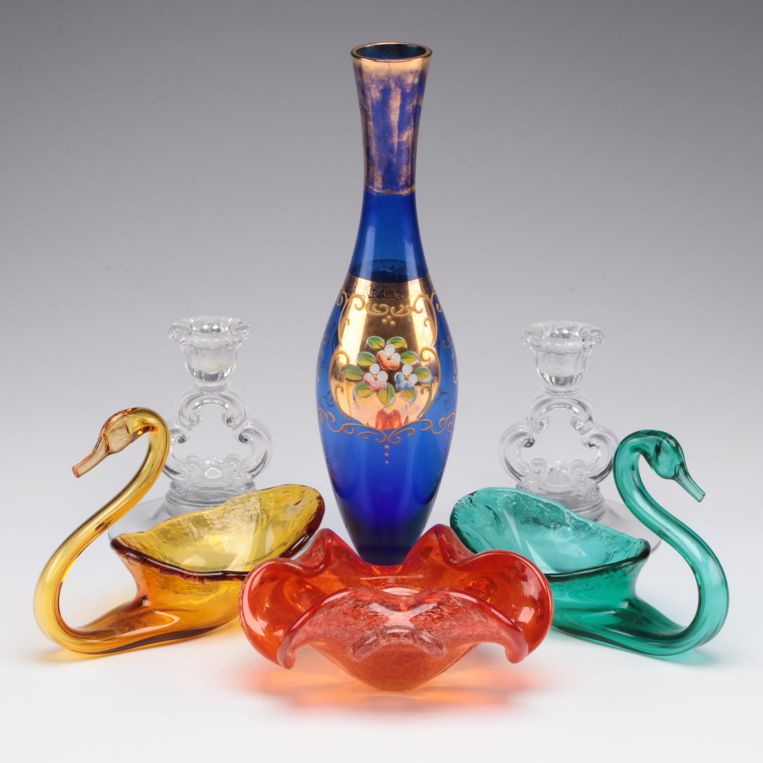 Art Glass Handkerchief Bowl and Swan Bowls with More Art Glass