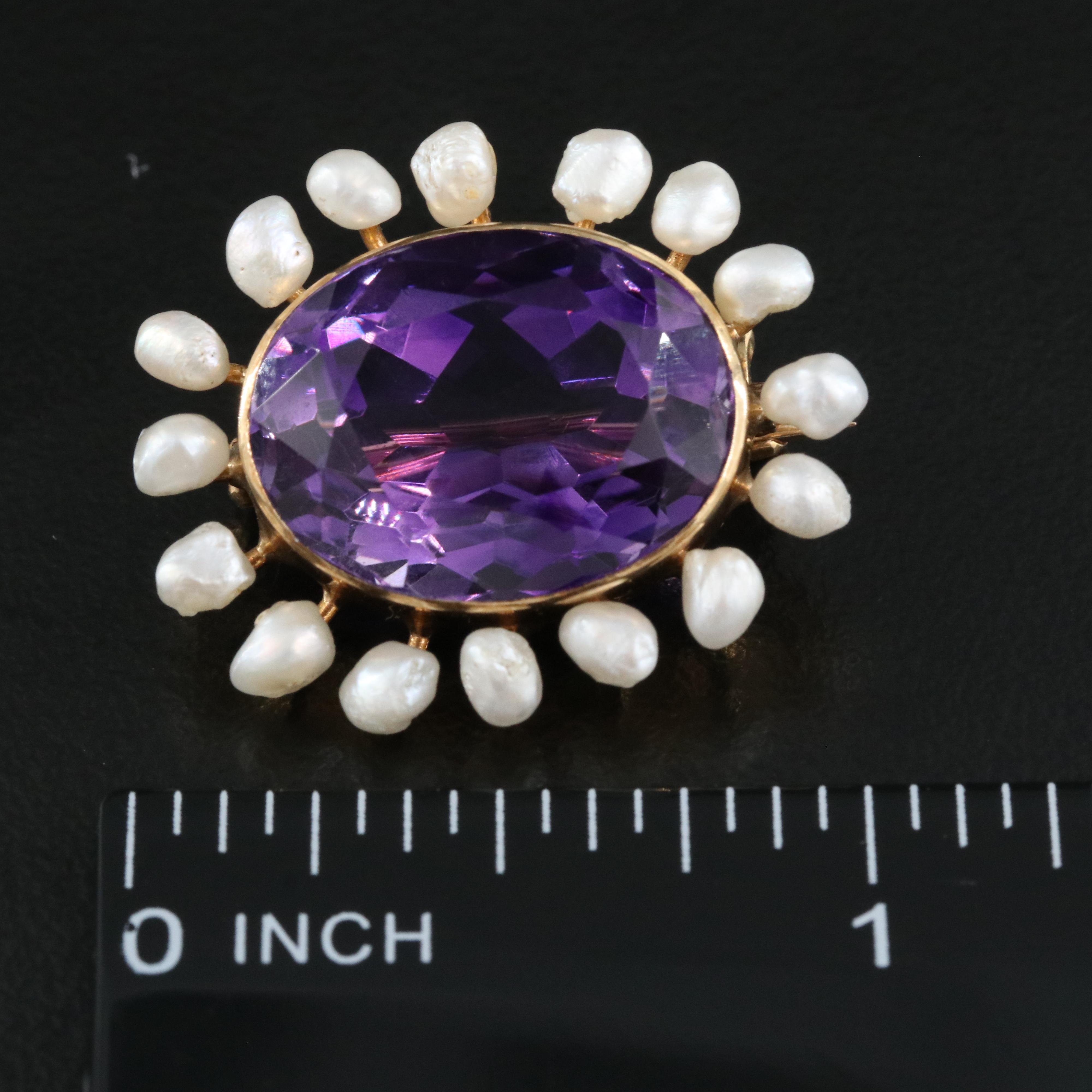Antique 14K 13.89 CT Amethyst and Pearl Brooch