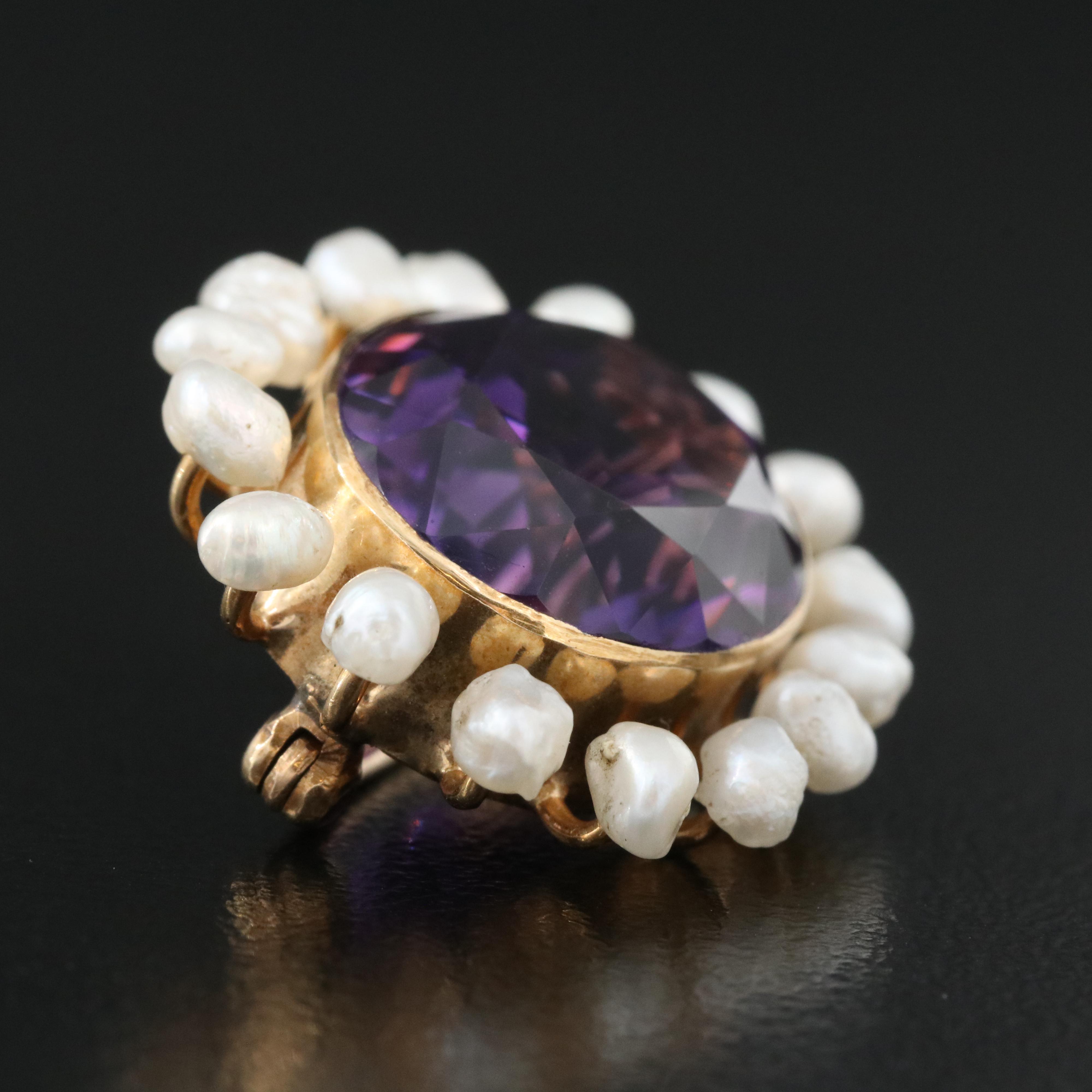 Antique 14K 13.89 CT Amethyst and Pearl Brooch