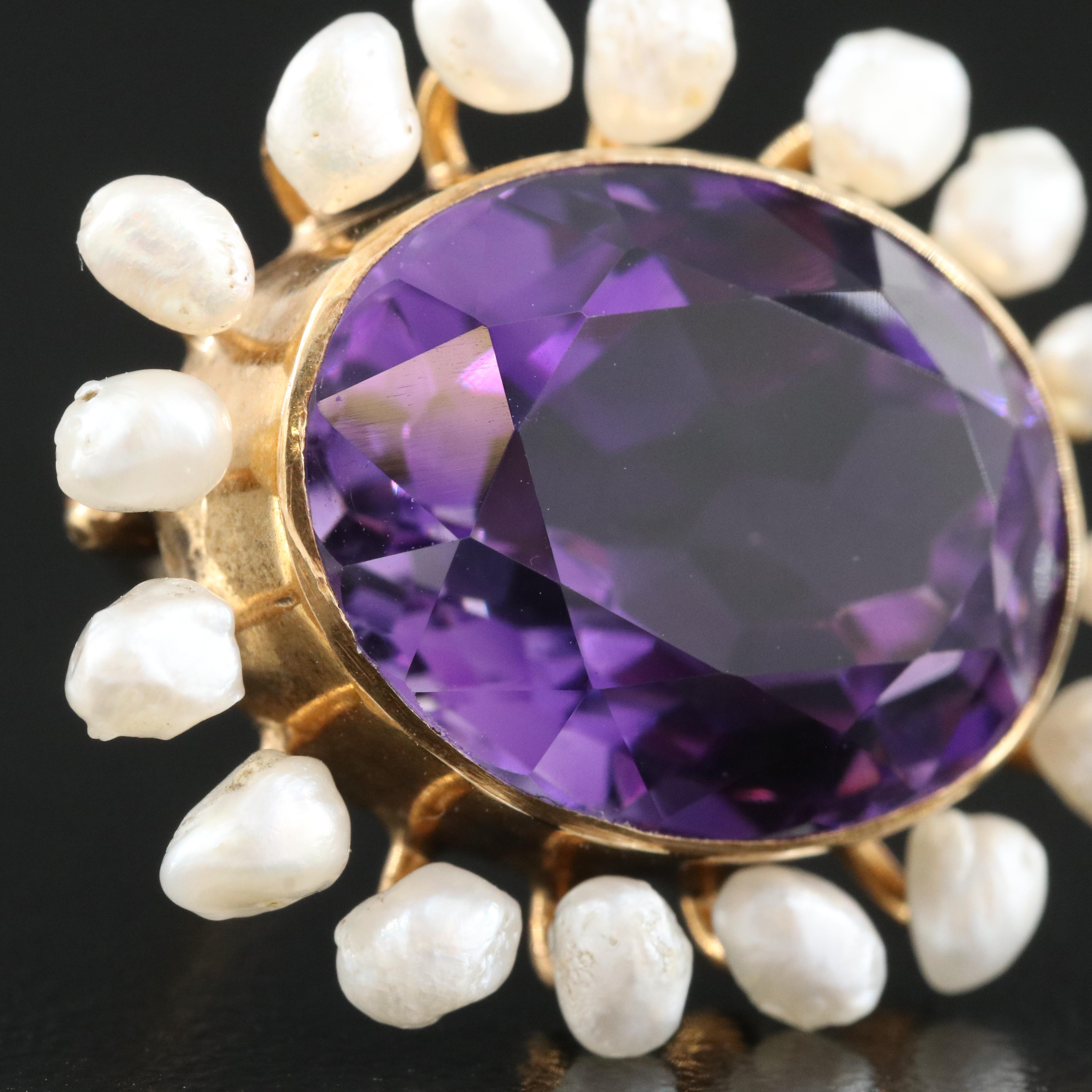 Antique 14K 13.89 CT Amethyst and Pearl Brooch