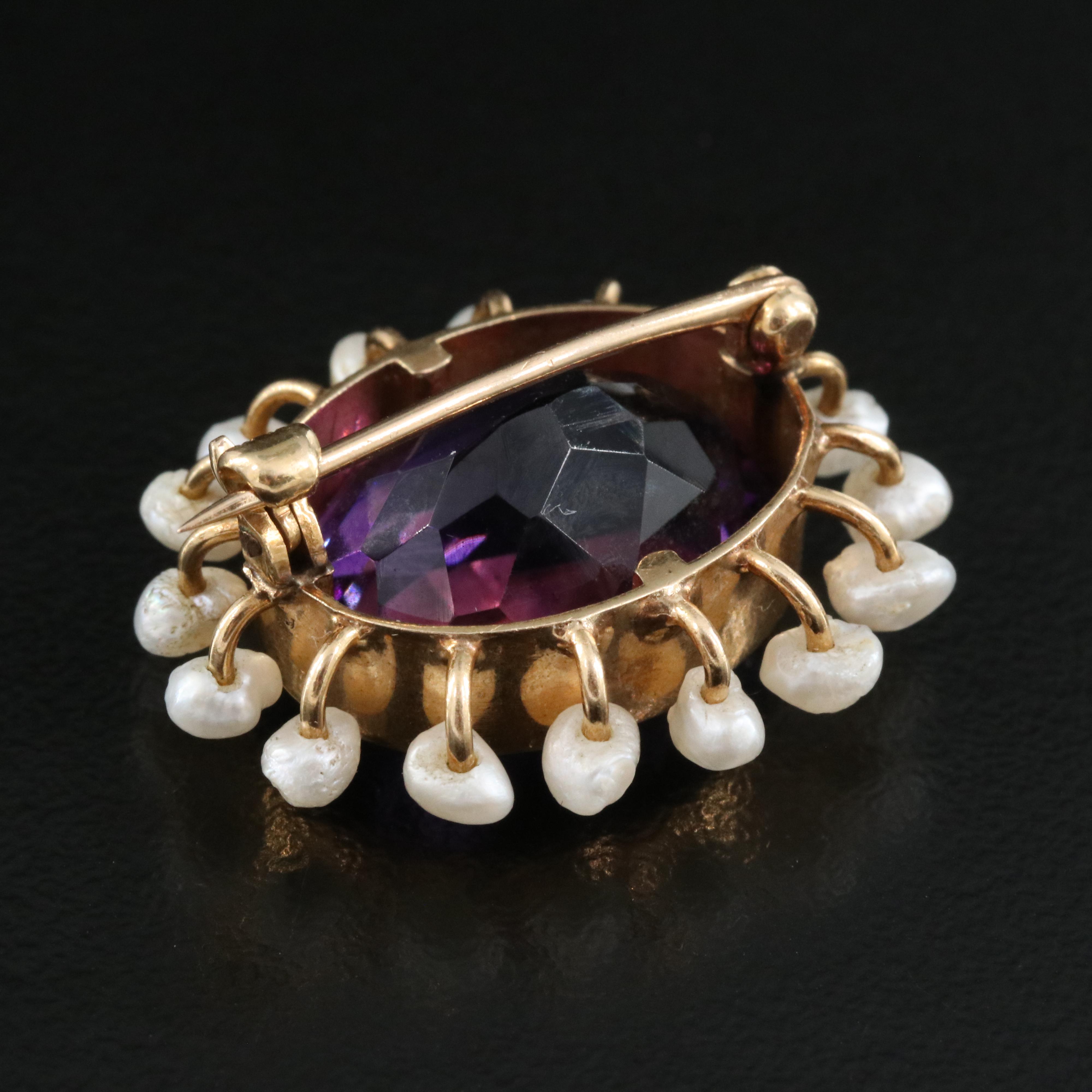 Antique 14K 13.89 CT Amethyst and Pearl Brooch