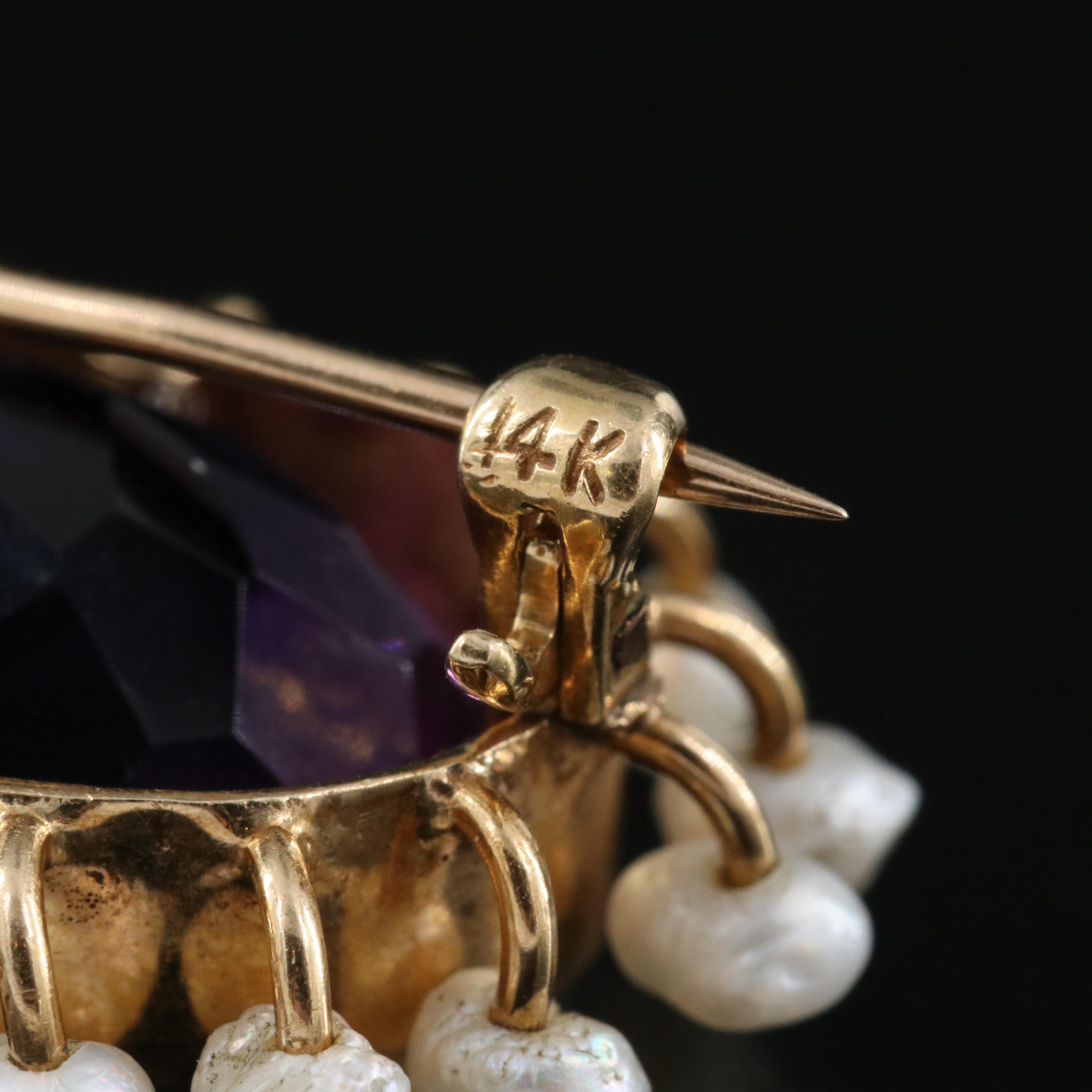 Antique 14K 13.89 CT Amethyst and Pearl Brooch