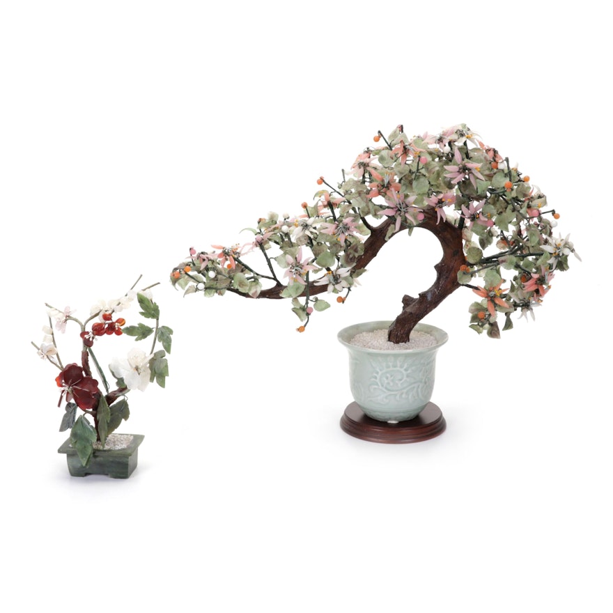 Chinese Soapstone, Serpentine, Glass and Rose Quartz Bonsai Trees