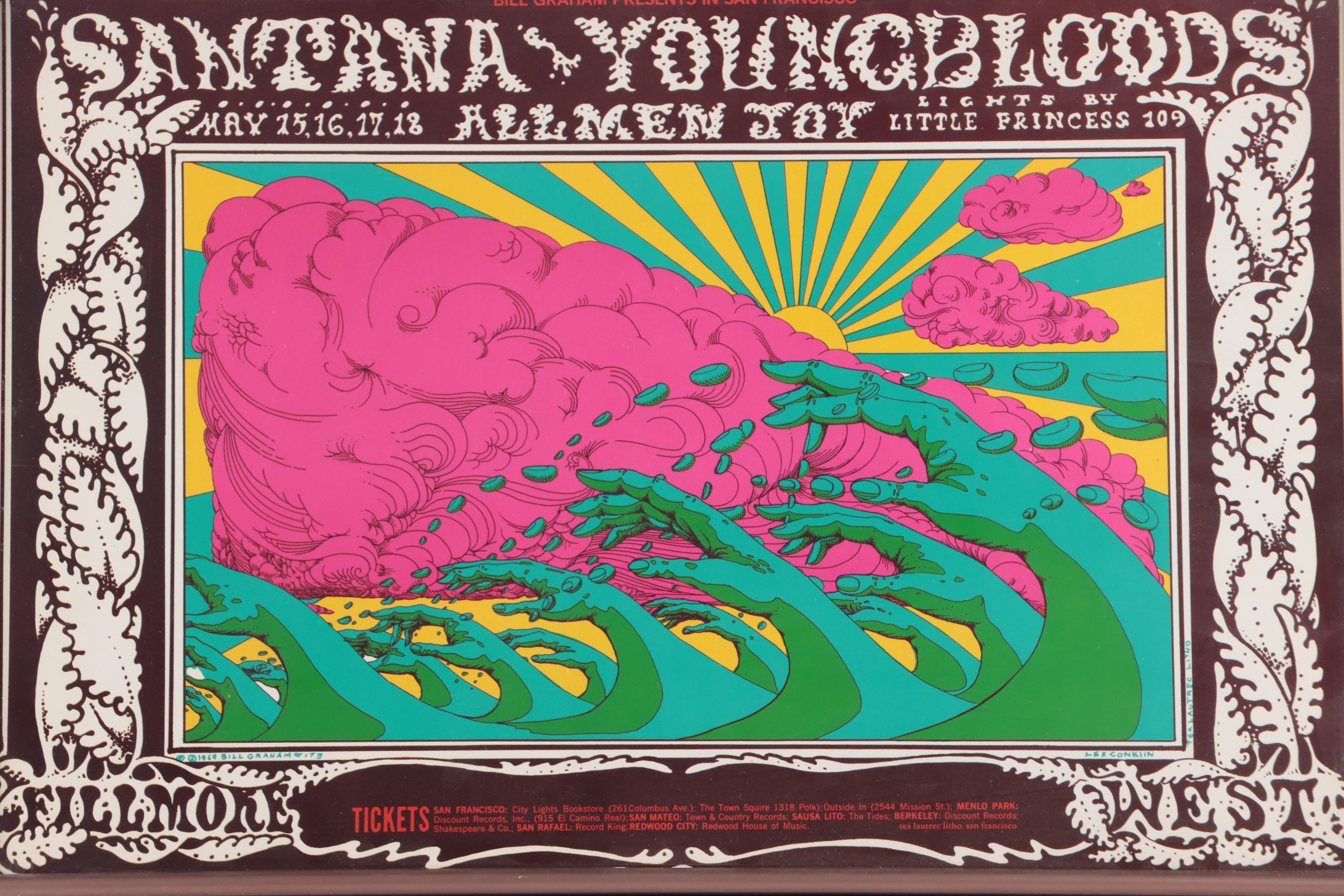 Santana/Youngbloods Color Lithograph Concert Poster After Lee Conklin, 1969