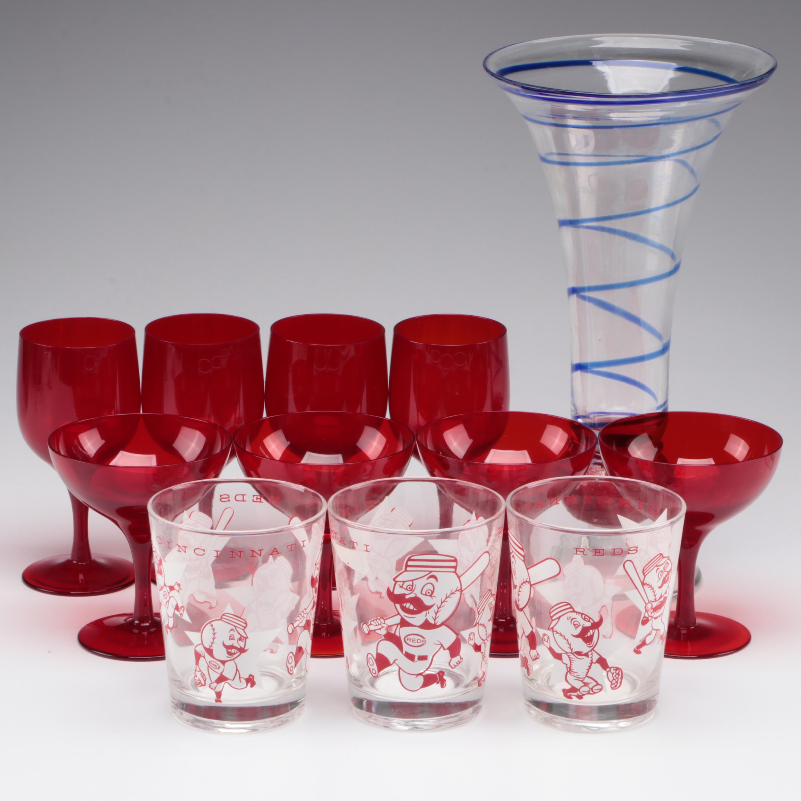 Cincinnati Reds Glasses with Red Stemware and Vase