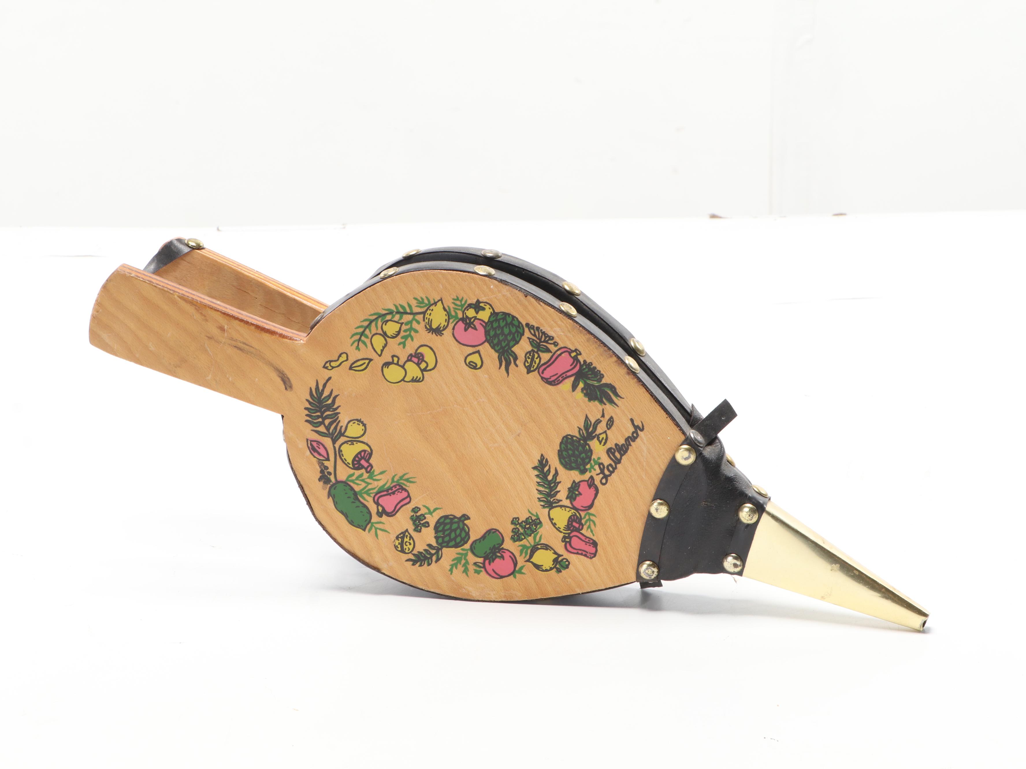 Basketville Brass and Wood Kindling Bucket with Bellows and Match Holder