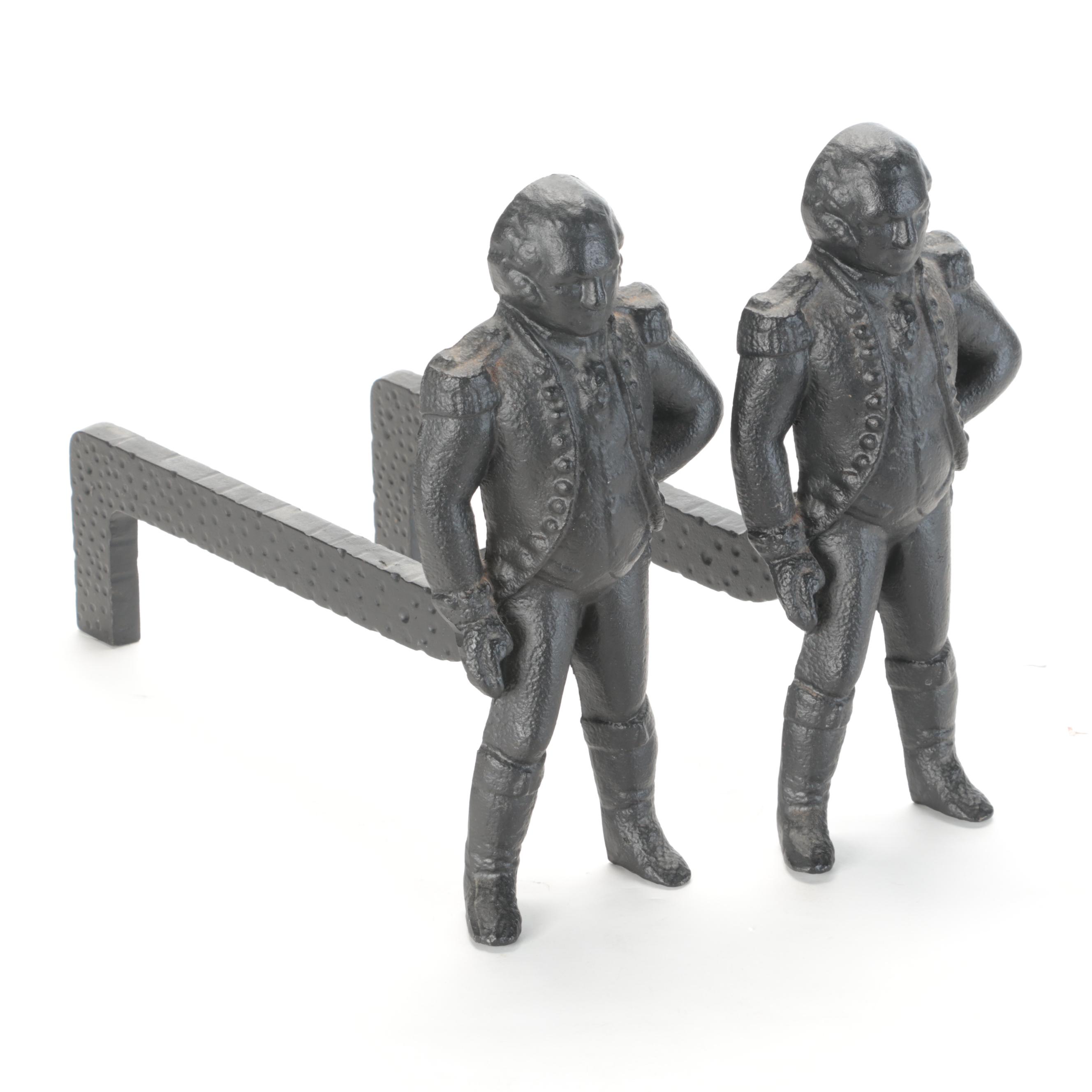 Virginia Metalcrafters George Washington Cast Iron Andirons, Late 20th Century