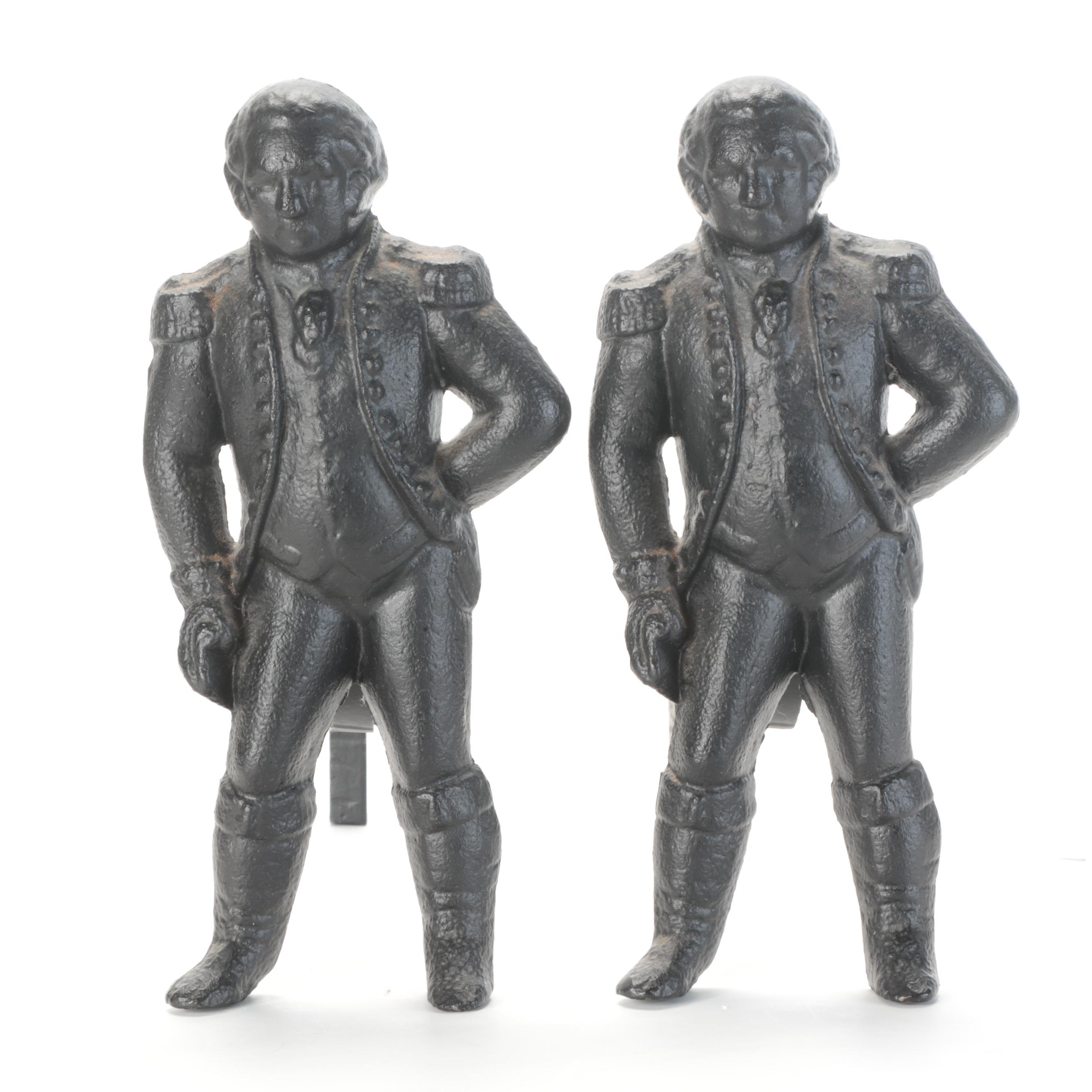 Virginia Metalcrafters George Washington Cast Iron Andirons, Late 20th Century