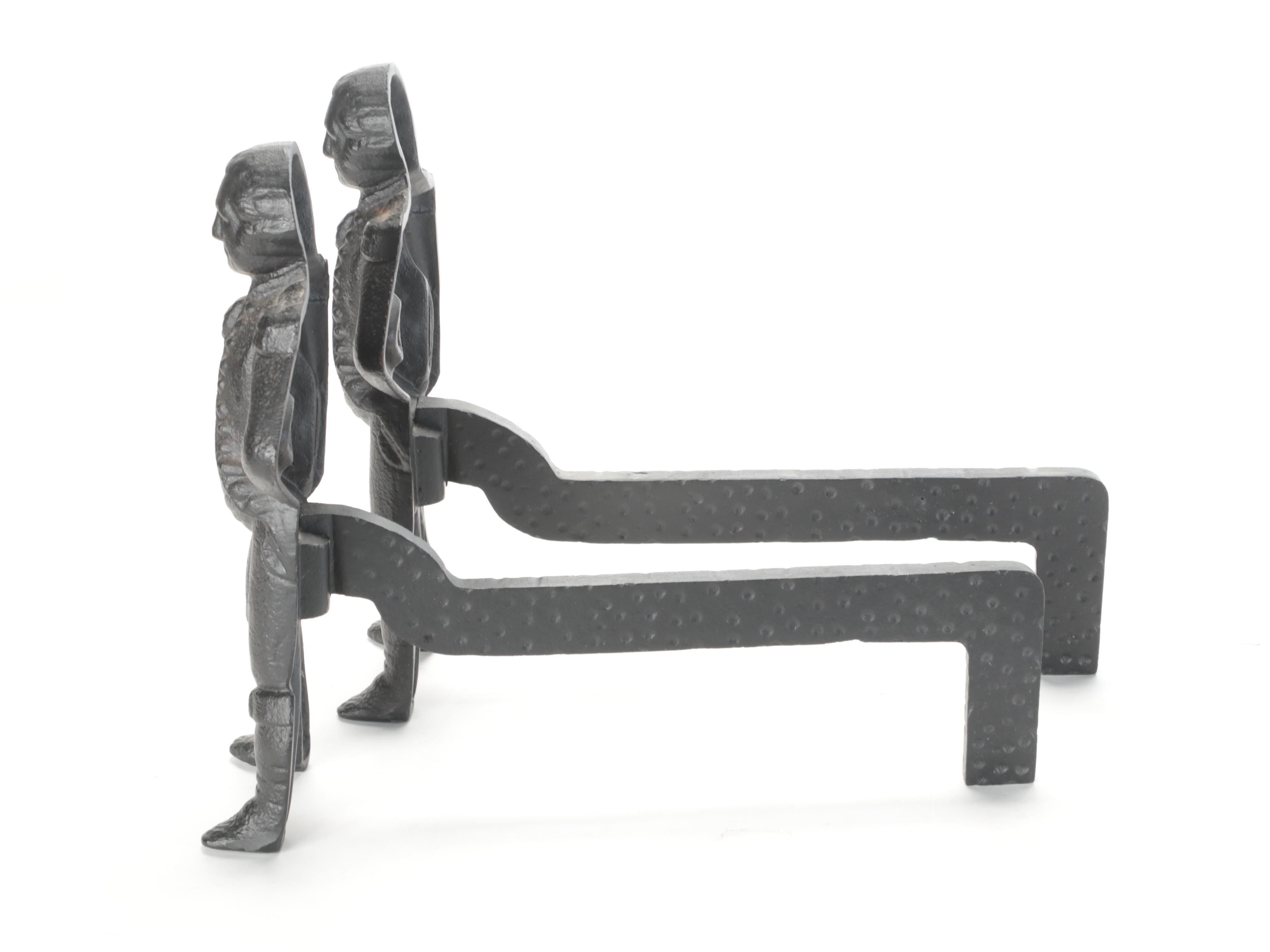 Virginia Metalcrafters George Washington Cast Iron Andirons, Late 20th Century