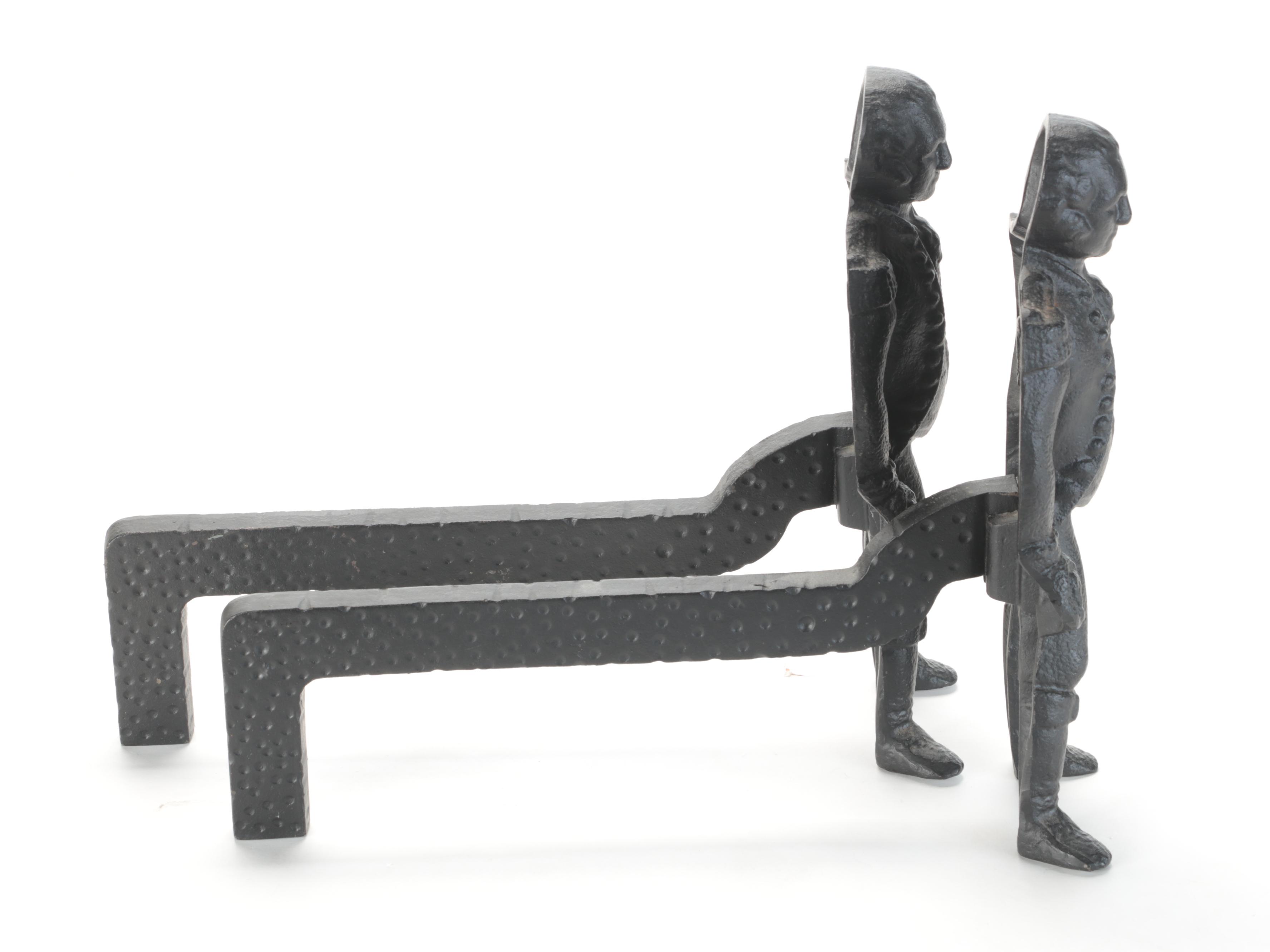 Virginia Metalcrafters George Washington Cast Iron Andirons, Late 20th Century