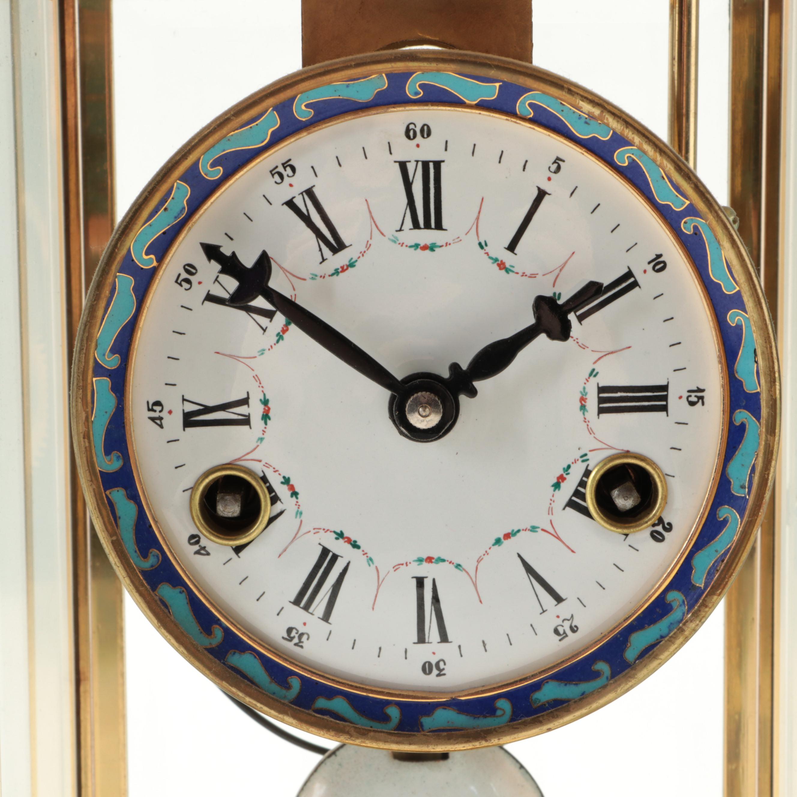 Chinese Cloisonné with Hand-Painted Crane Panels Brass and Glass Mantel Clock