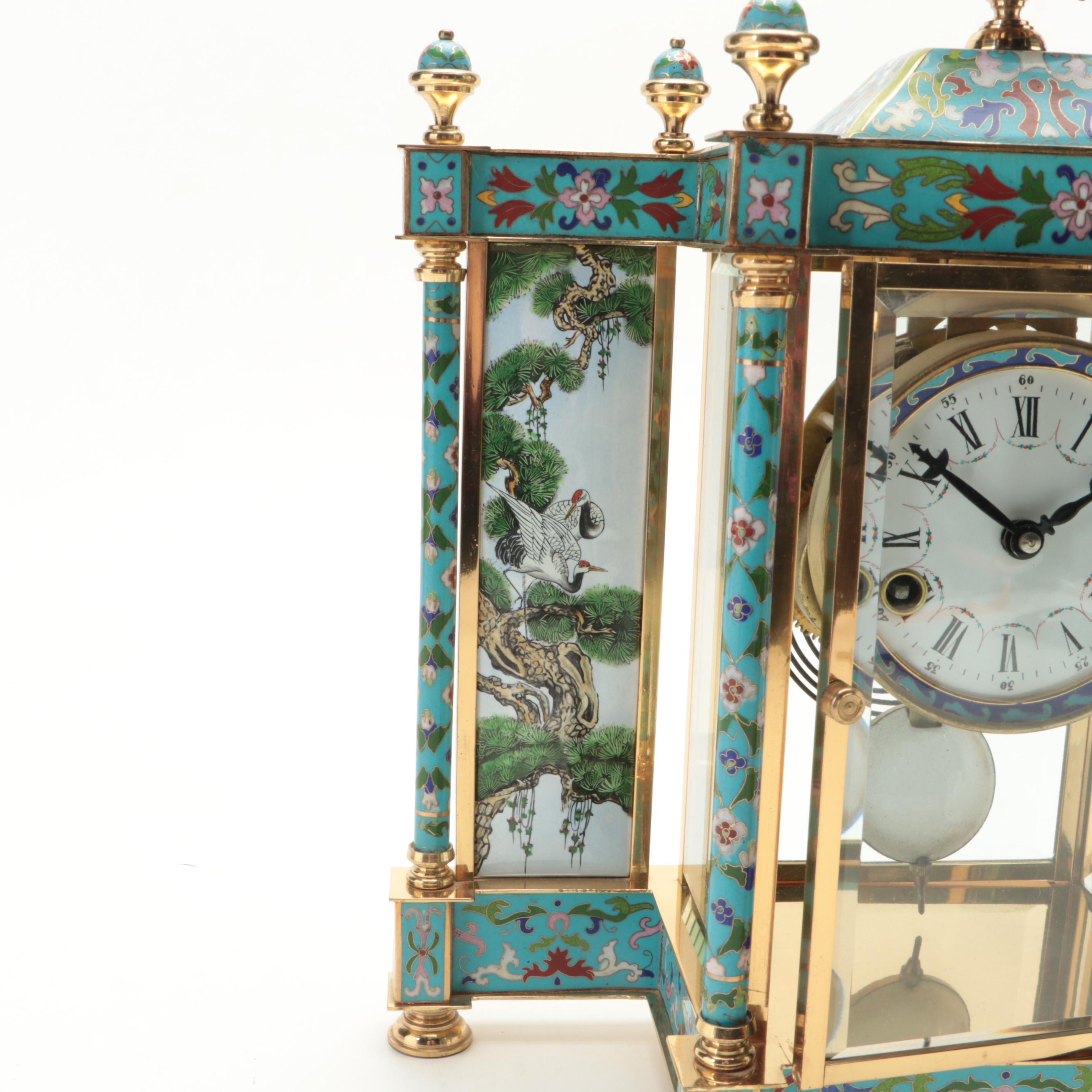 Chinese Cloisonné with Hand-Painted Crane Panels Brass and Glass Mantel Clock