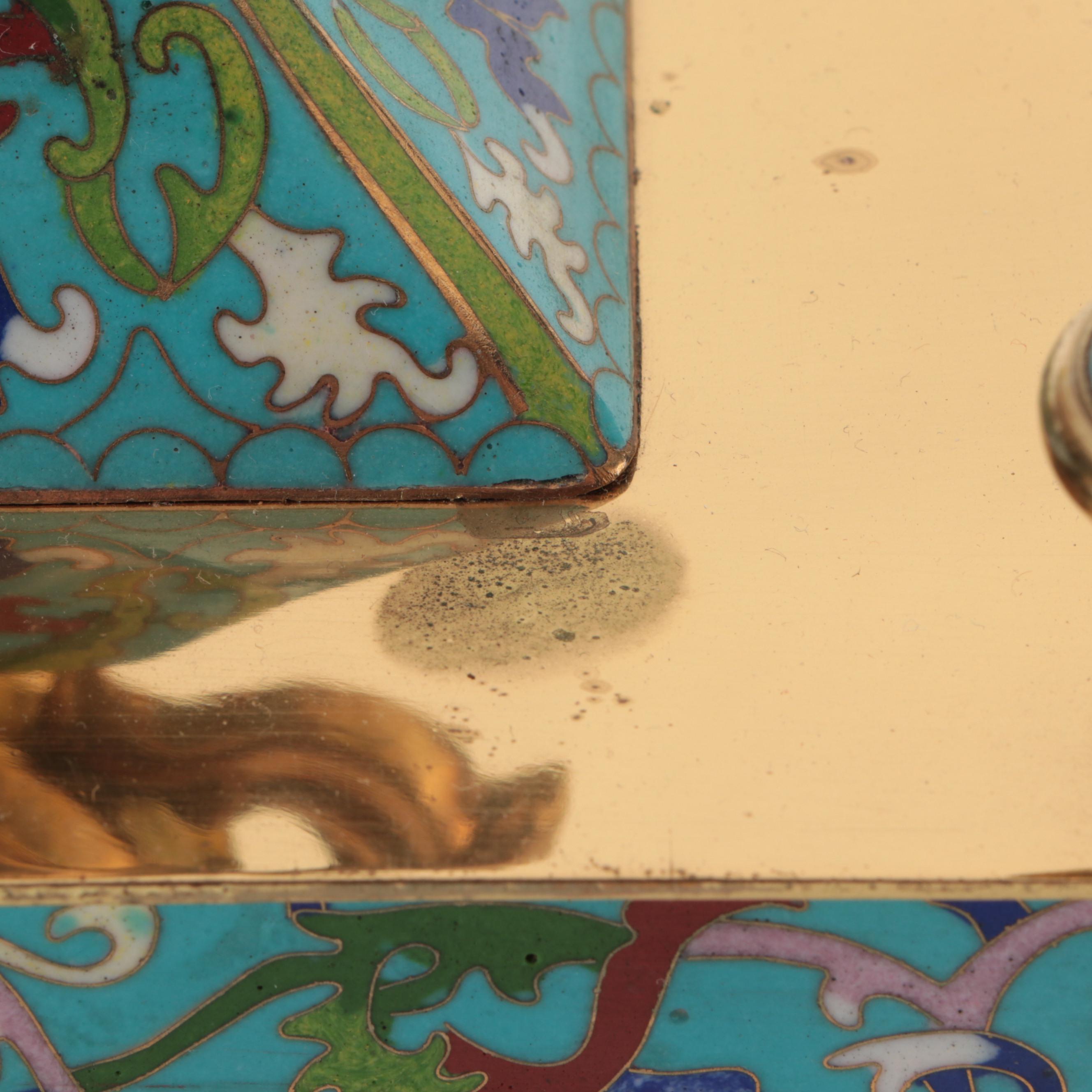 Chinese Cloisonné with Hand-Painted Crane Panels Brass and Glass Mantel Clock