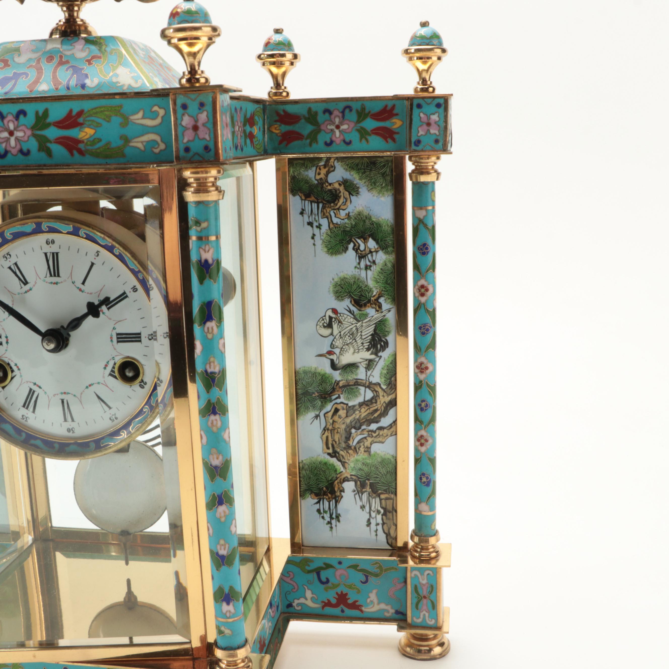 Chinese Cloisonné with Hand-Painted Crane Panels Brass and Glass Mantel Clock