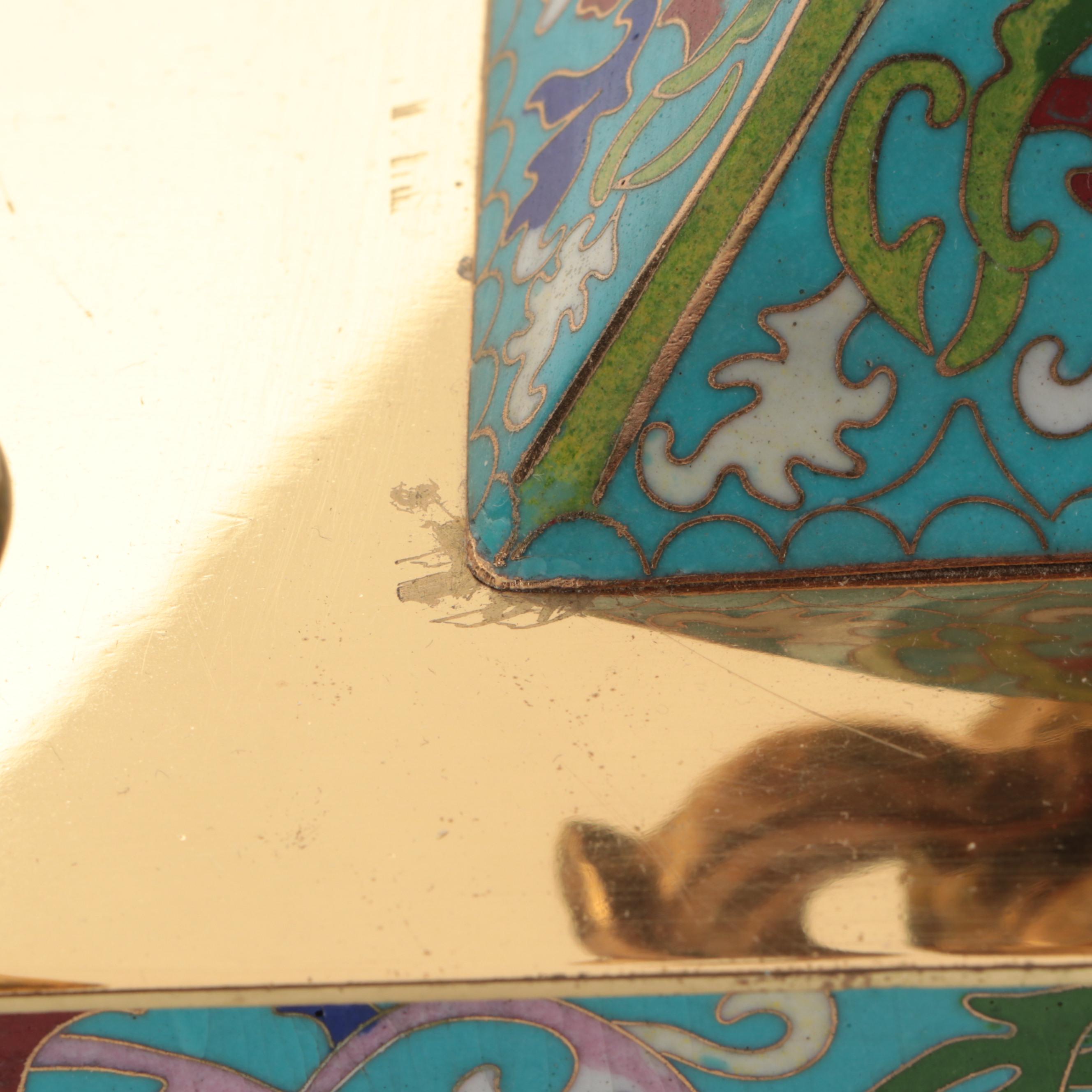 Chinese Cloisonné with Hand-Painted Crane Panels Brass and Glass Mantel Clock