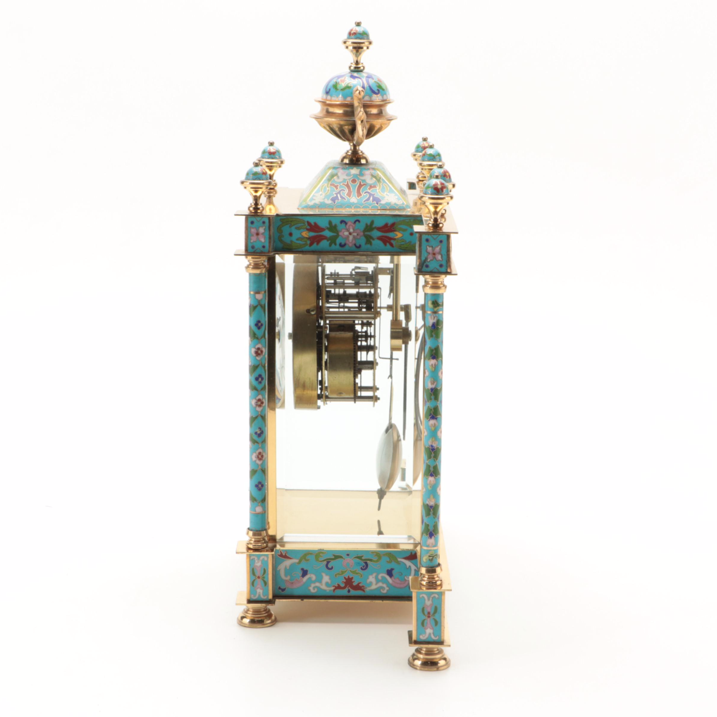 Chinese Cloisonné with Hand-Painted Crane Panels Brass and Glass Mantel Clock