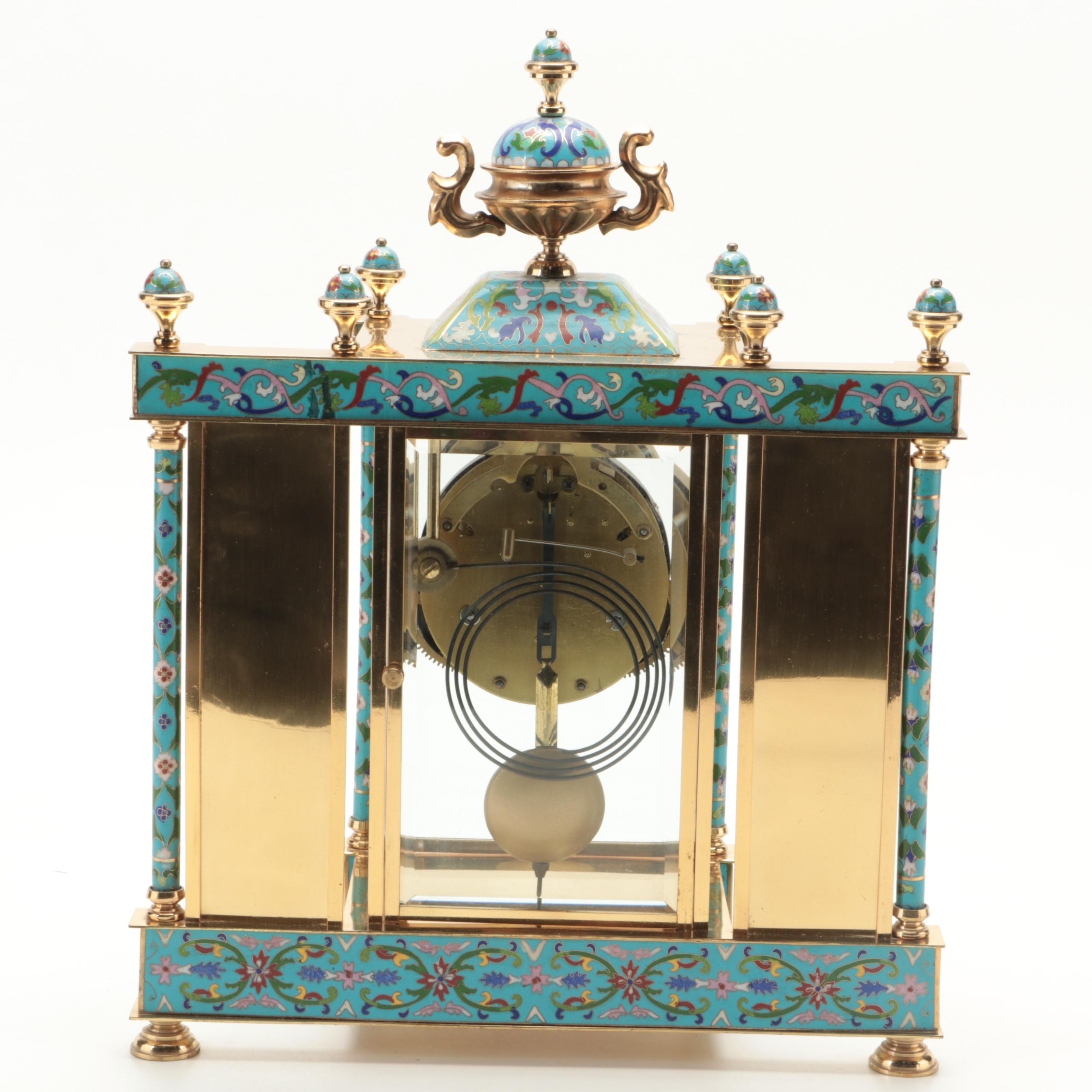 Chinese Cloisonné with Hand-Painted Crane Panels Brass and Glass Mantel Clock