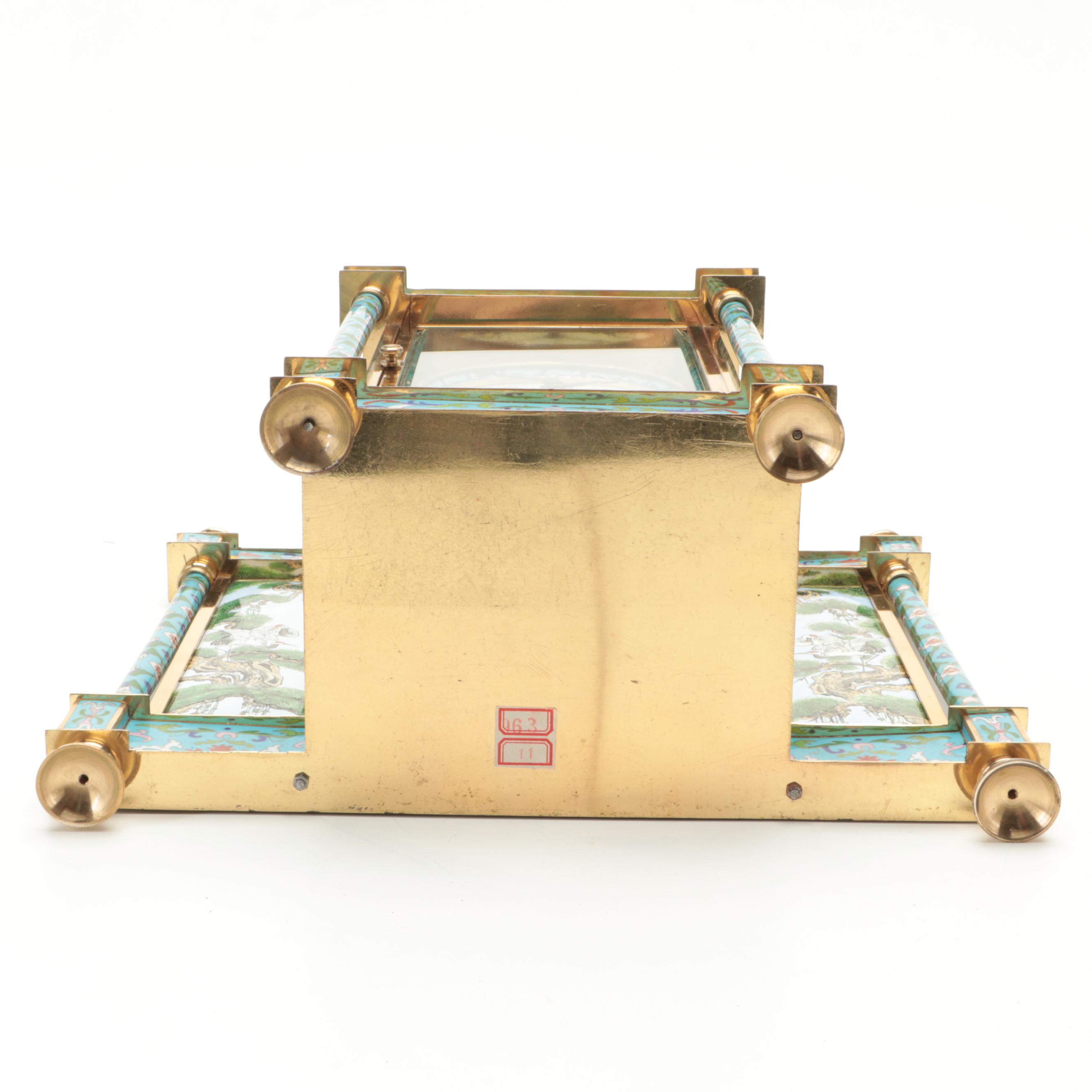 Chinese Cloisonné with Hand-Painted Crane Panels Brass and Glass Mantel Clock