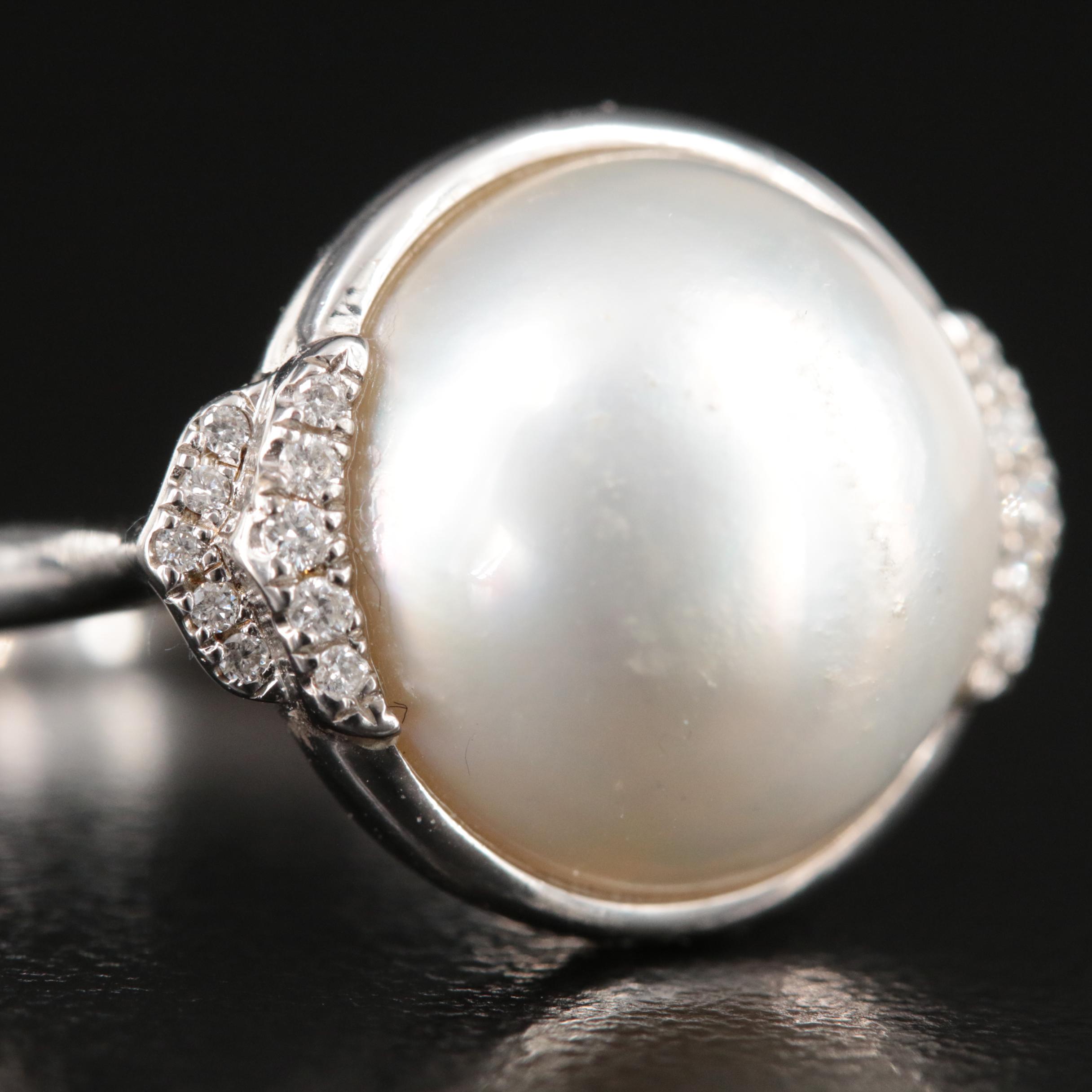 Effy Sterling Cultured Pearl and Diamond Ring