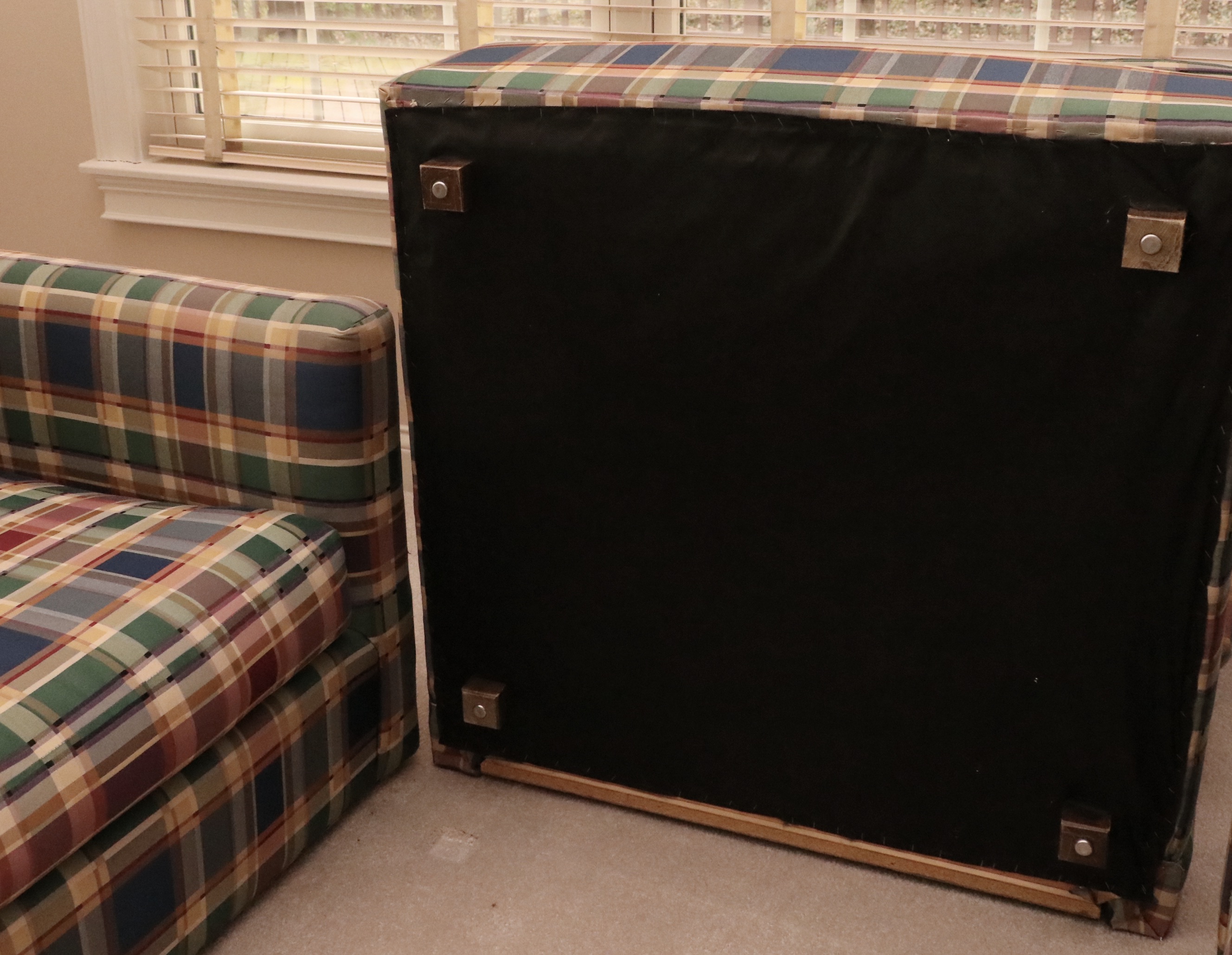 Drexel Heritage Mid Century Modern Wood-Encased Plaid Sectional Sofa