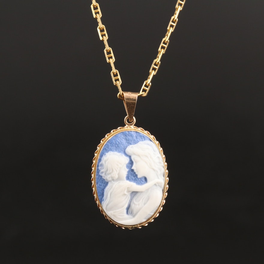 14K Ceramic Cameo Pendant Necklace