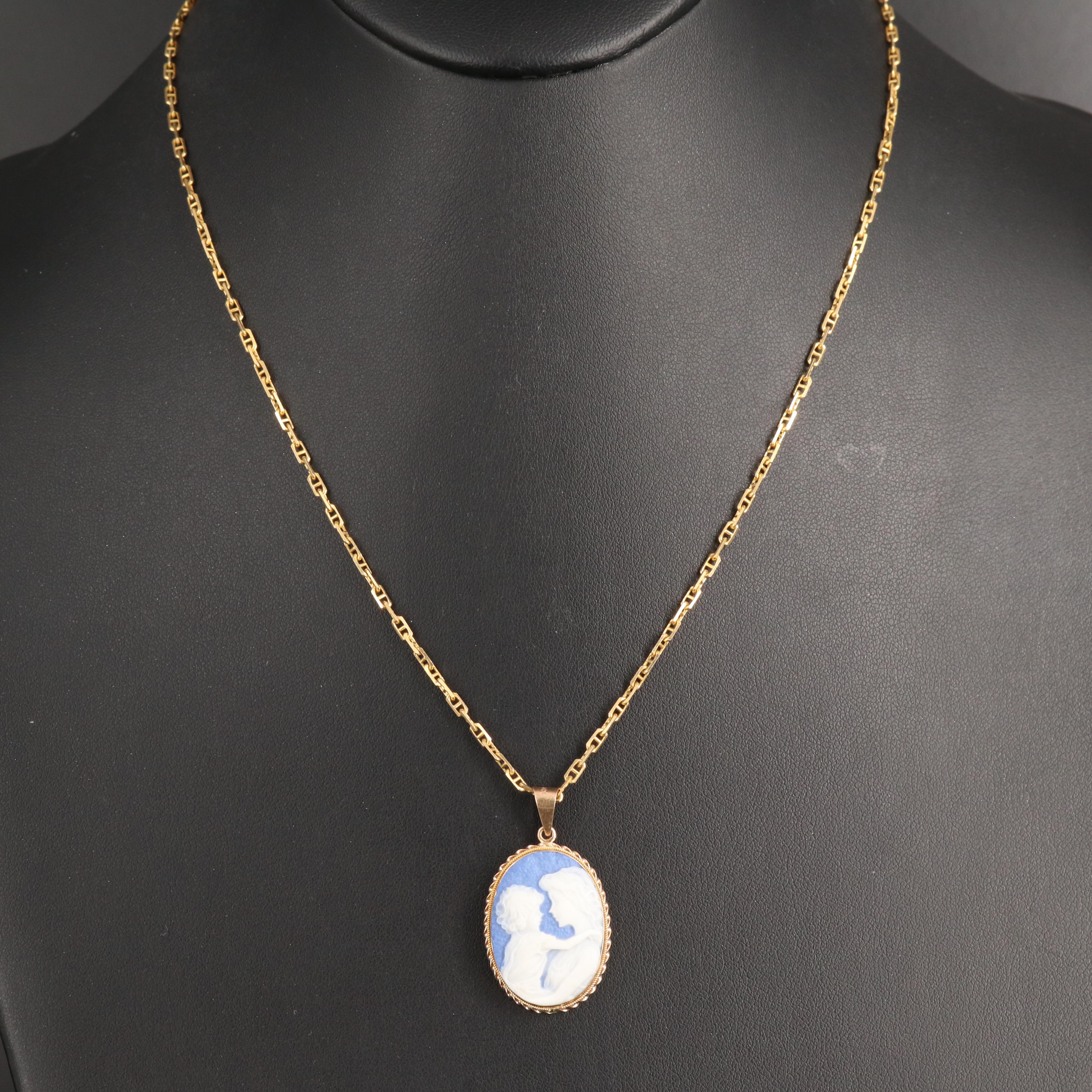 14K Ceramic Cameo Pendant Necklace