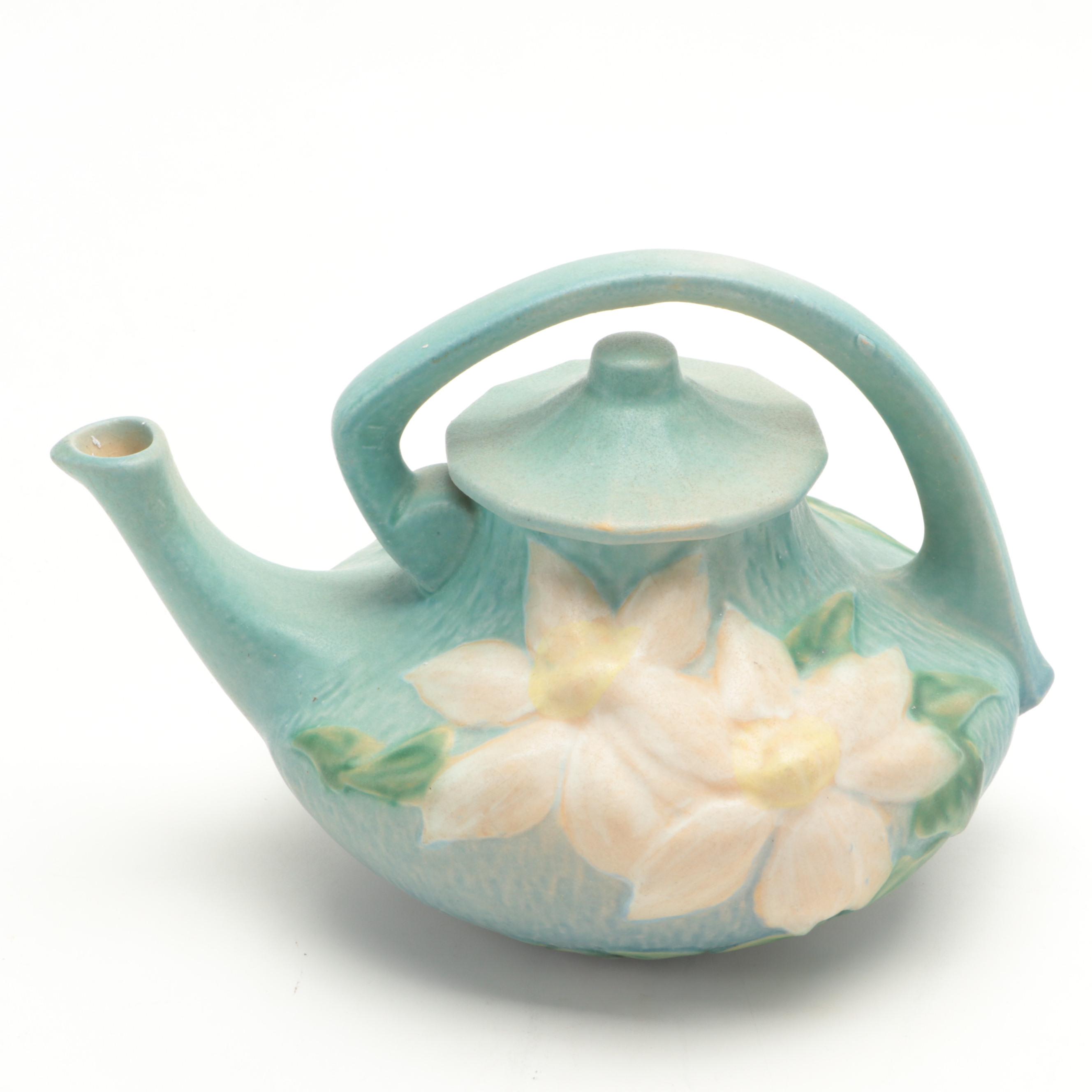 Roseville White "Clematis" Teapot and Creamer with Centerpiece Bowl and Vase