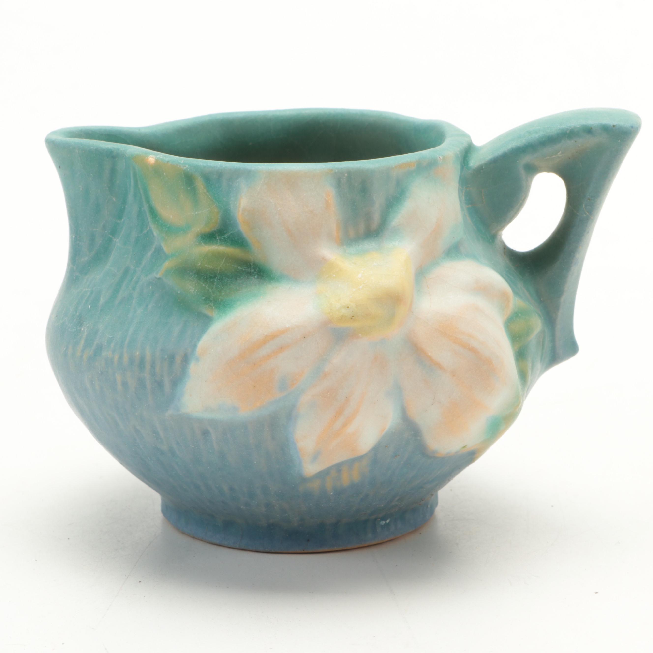 Roseville White "Clematis" Teapot and Creamer with Centerpiece Bowl and Vase