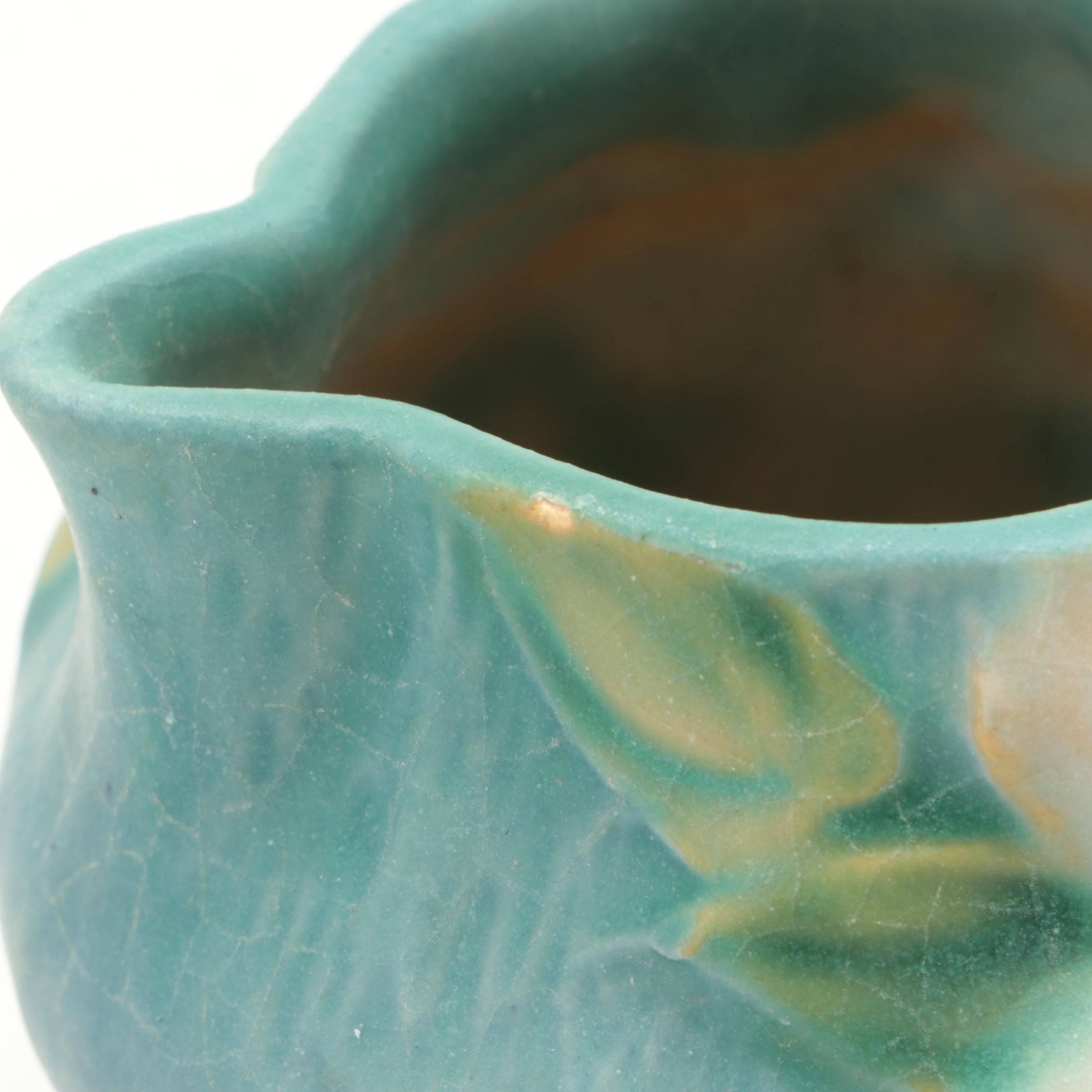 Roseville White "Clematis" Teapot and Creamer with Centerpiece Bowl and Vase